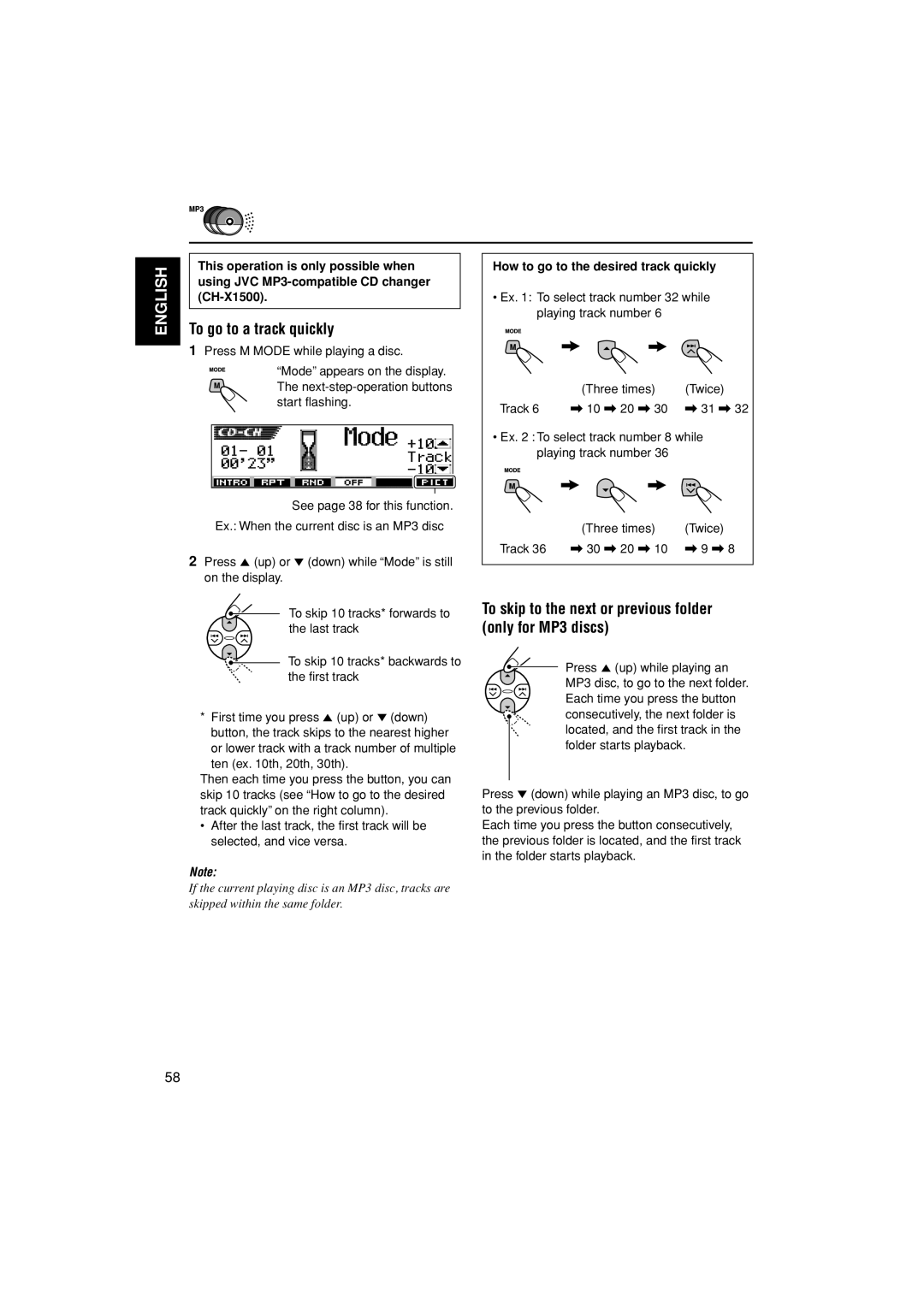 JVC KD-LH401 service manual To skip to the next or previous folder only for MP3 discs, English, To go to a track quickly 