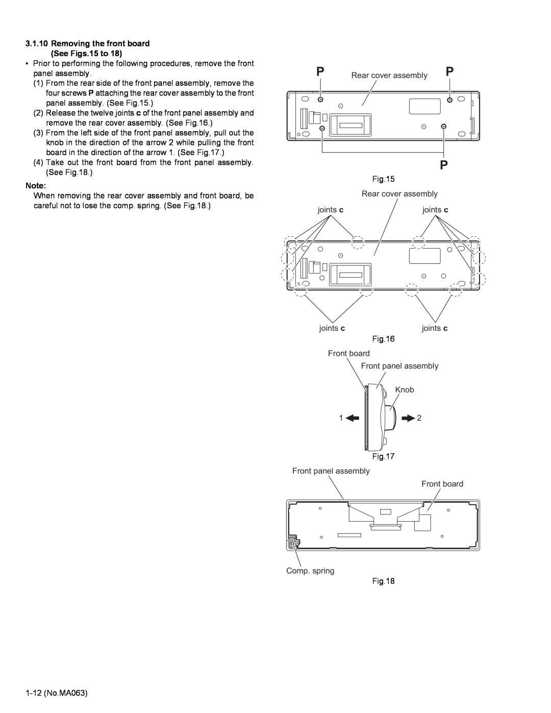 JVC KD-LH401 service manual Removing the front board See Figs.15 to, Rear cover assembly P 