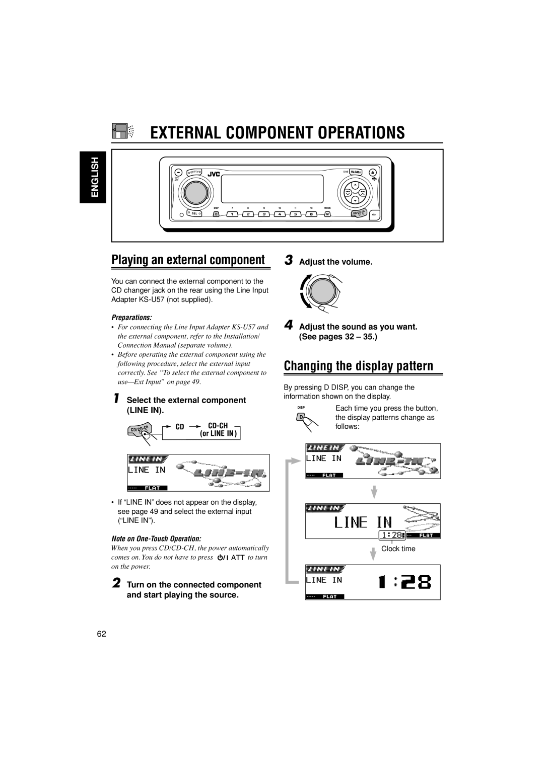 JVC KD-LH401 External Component Operations, Changing the display pattern, Playing an external component, English 