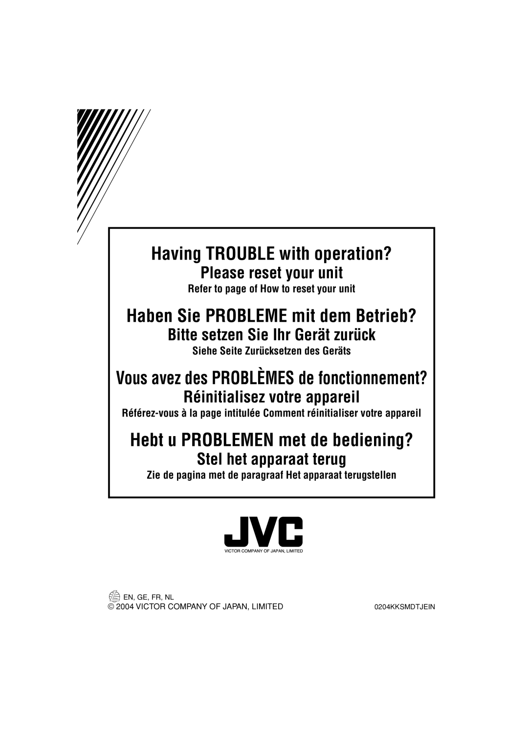 JVC KD-LH401 service manual Having TROUBLE with operation?, Please reset your unit, Bitte setzen Sie Ihr Gerät zurück 