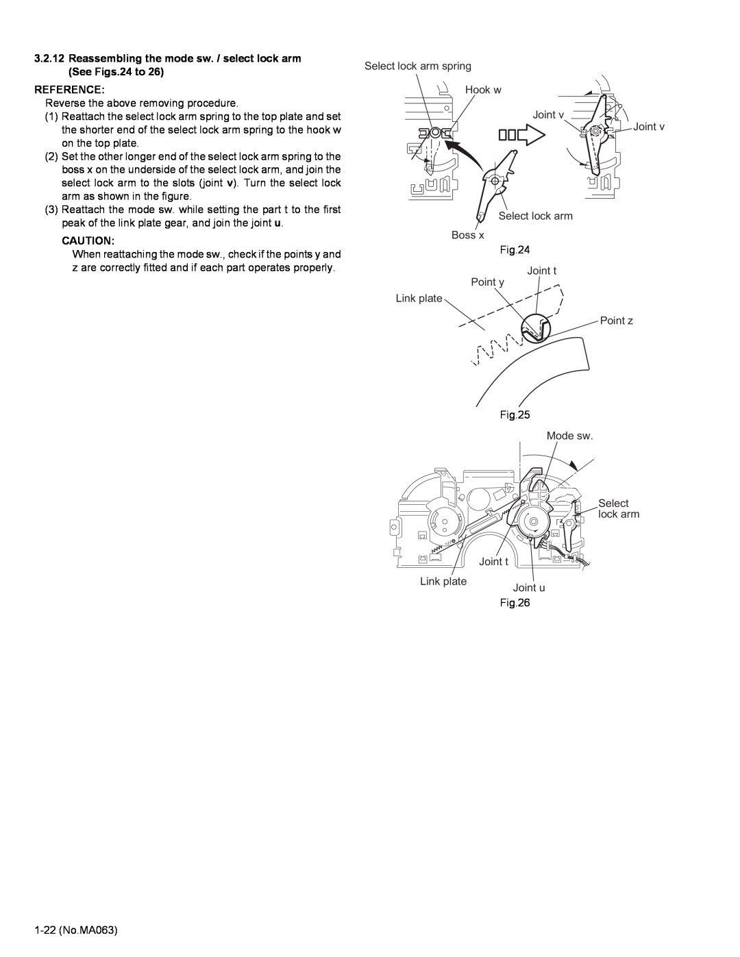 JVC KD-LH401 service manual Reassembling the mode sw. / select lock arm See Figs.24 to, Reference 