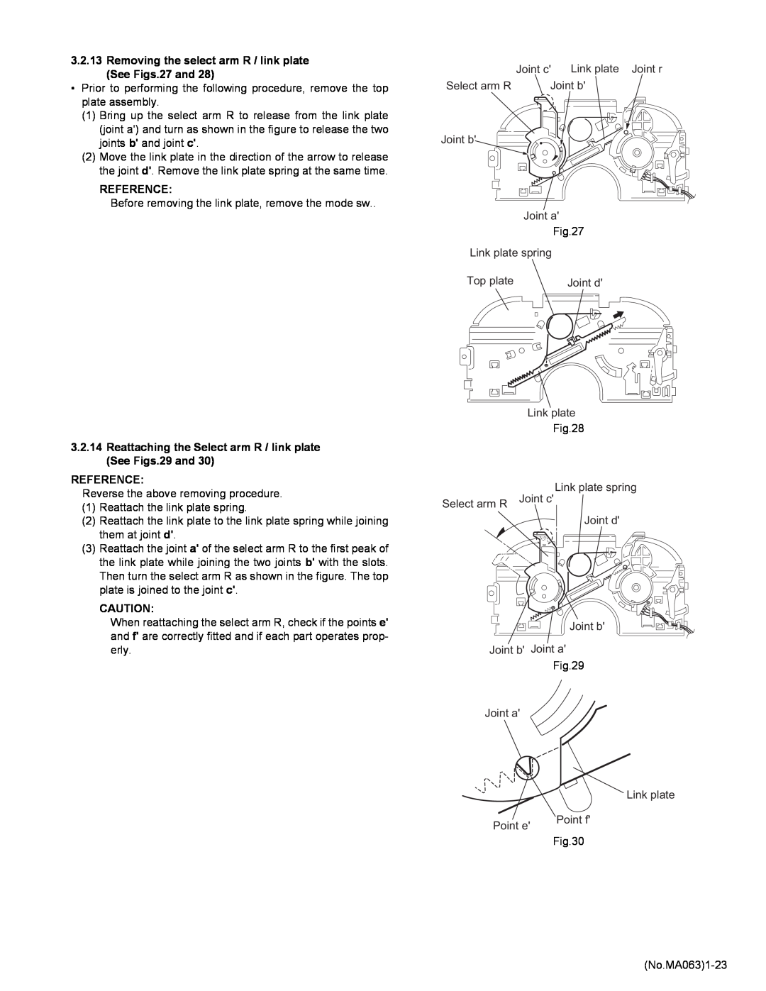 JVC KD-LH401 service manual Removing the select arm R / link plate See Figs.27 and, Reference 