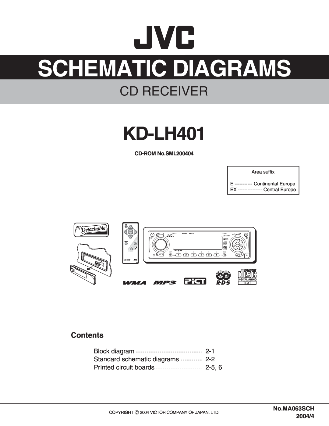 JVC KD-LH401 Contents, Block diagram, Standard schematic diagrams, Printed circuit boards, No.MA063SCH 2004/4, Cd Receiver 