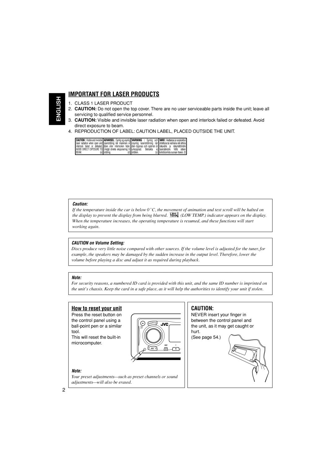 JVC KD-LH401 service manual Important For Laser Products, English, How to reset your unit, CAUTION on Volume Setting 