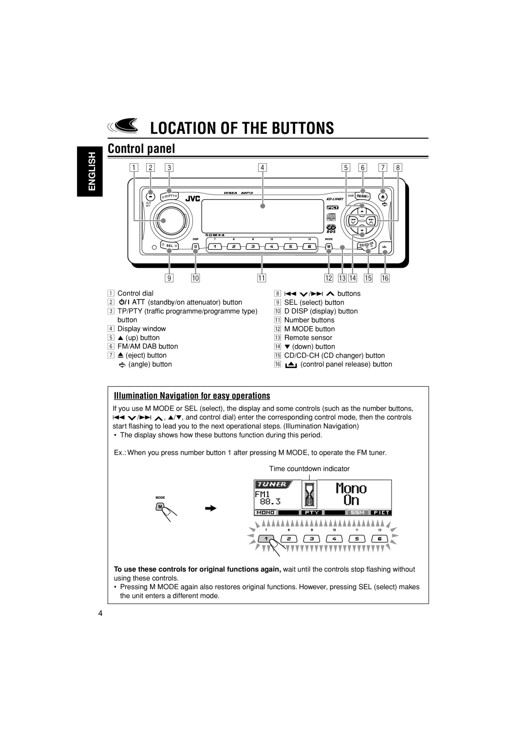 JVC KD-LH401 Location Of The Buttons, Control panel, Illumination Navigation for easy operations, w er t y, English 