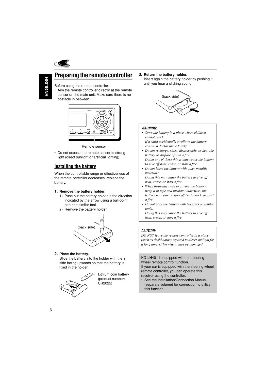JVC KD-LH401 service manual Preparing the remote controller, Installing the battery, English, Remove the battery holder 