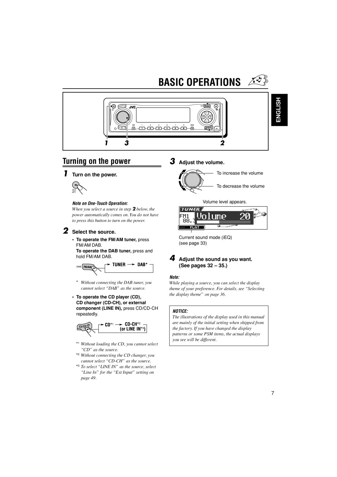 JVC KD-LH401 Basic Operations, Turning on the power, English, Adjust the volume, Turn on the power, Select the source 