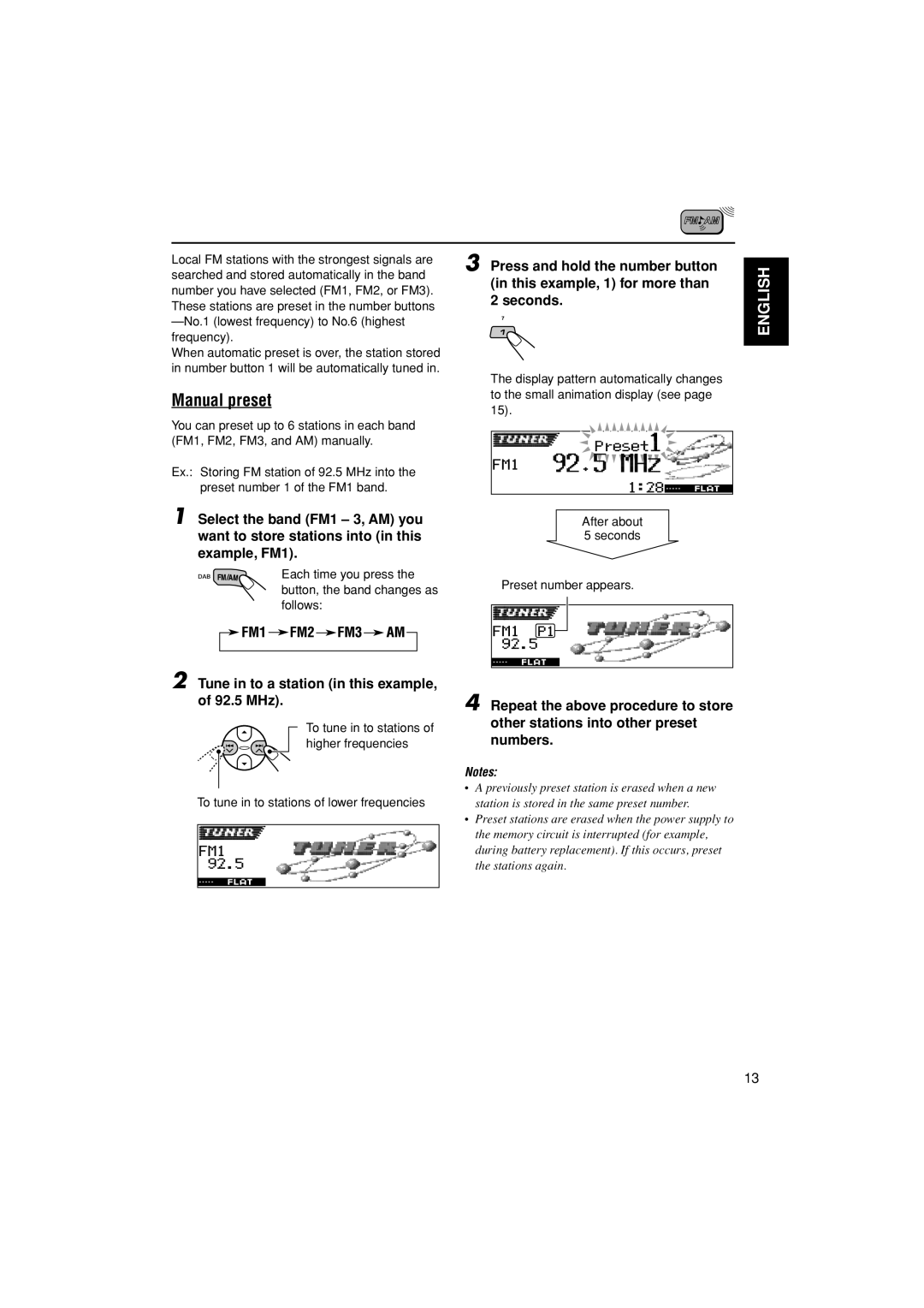JVC KD-LH401 service manual Manual preset, English, Tune in to a station in this example, of 92.5 MHz 