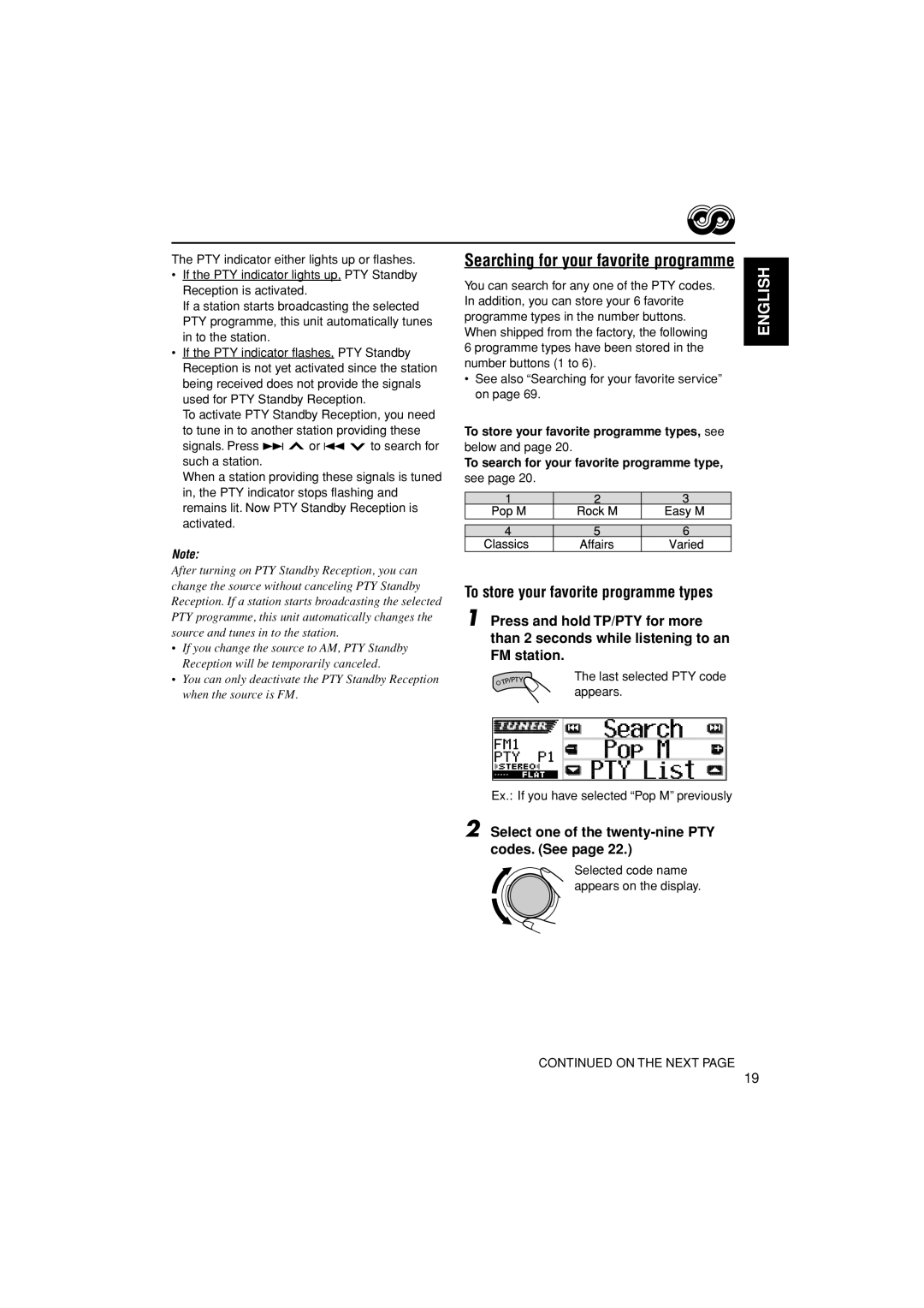 JVC KD-LH401 service manual Searching for your favorite programme, To store your favorite programme types, English 