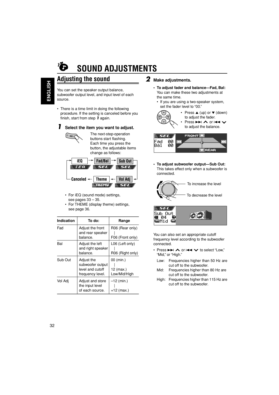 JVC KD-LH401 Sound Adjustments, Adjusting the sound, Make adjustments, English, Select the item you want to adjust, To do 