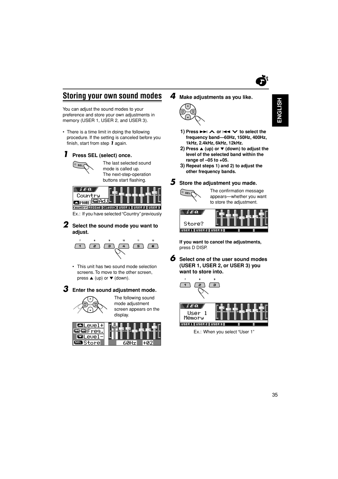 JVC KD-LH401 service manual Storing your own sound modes 4 Make adjustments as you like, Press SEL select once, English 