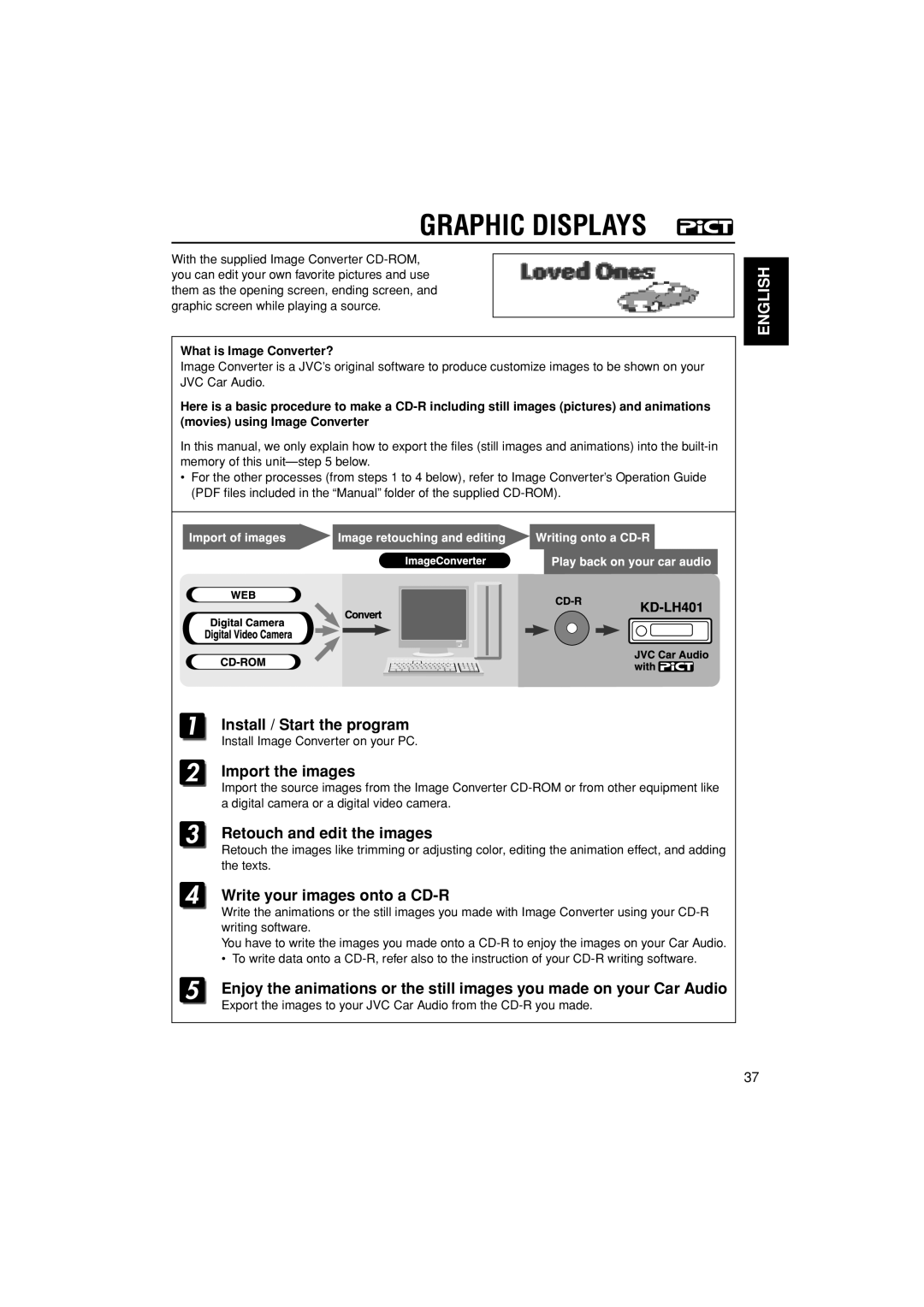 JVC KD-LH401 Graphic Displays, Install / Start the program, Import the images, Retouch and edit the images, English 