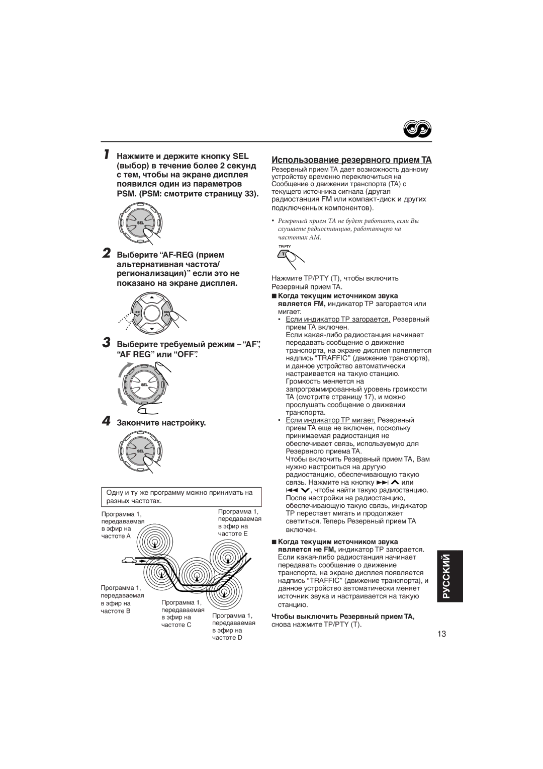 JVC KD-LH5R manual Иñïîëüçîâàíèå ðåçåðâíîãî ïðèåì ТА, Ïîäêëþ÷åííûõ êîìïîíåíòîâ 