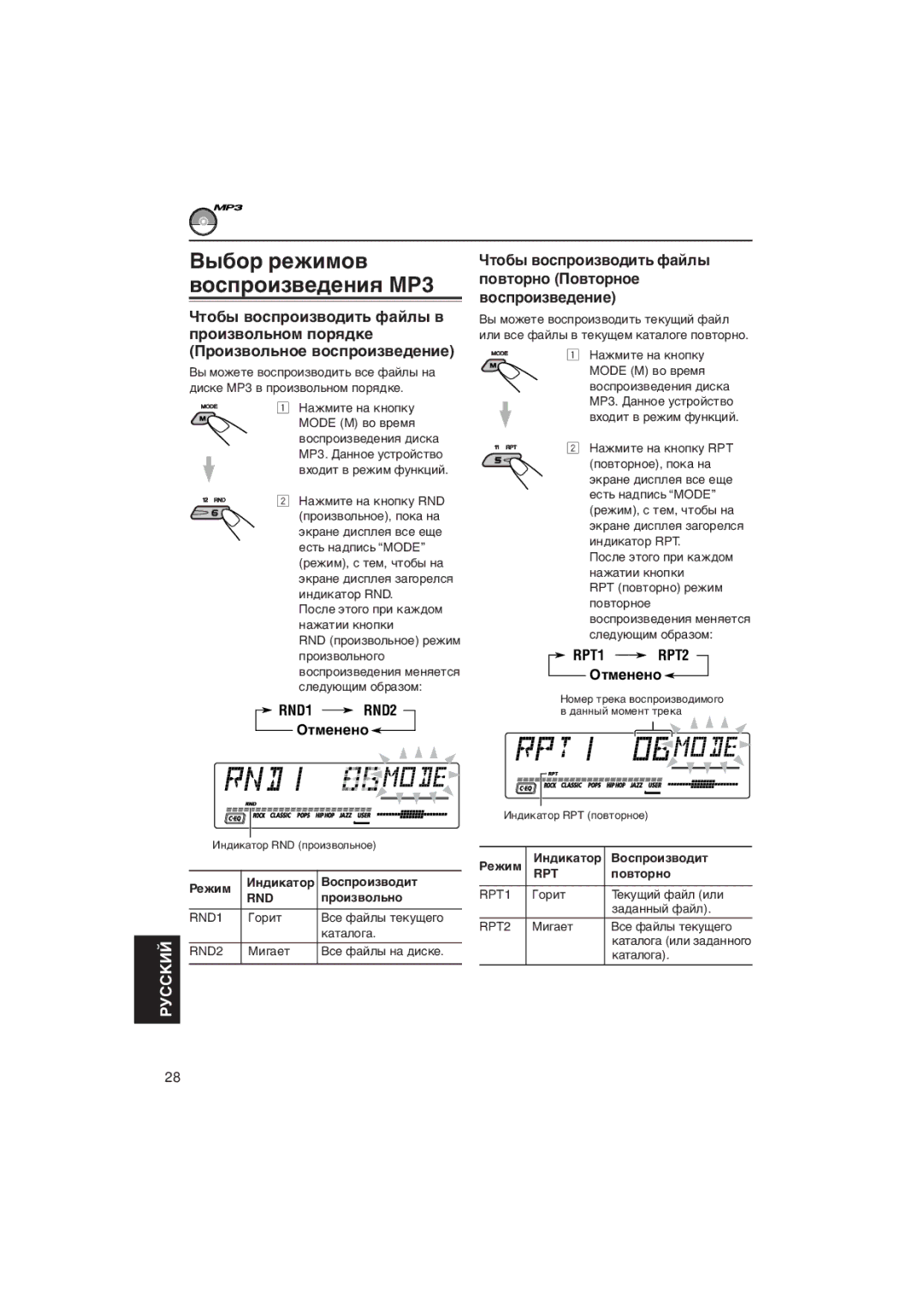 JVC KD-LH5R manual Вûáîð ðåæèìîâ âîñïðîèçâåäåíèя МР3, Рåæèì Иíäèêàòîð Вîñïðîèçâîäèò, Ïðîèçâîëüíî, Ïîâòîðíî 