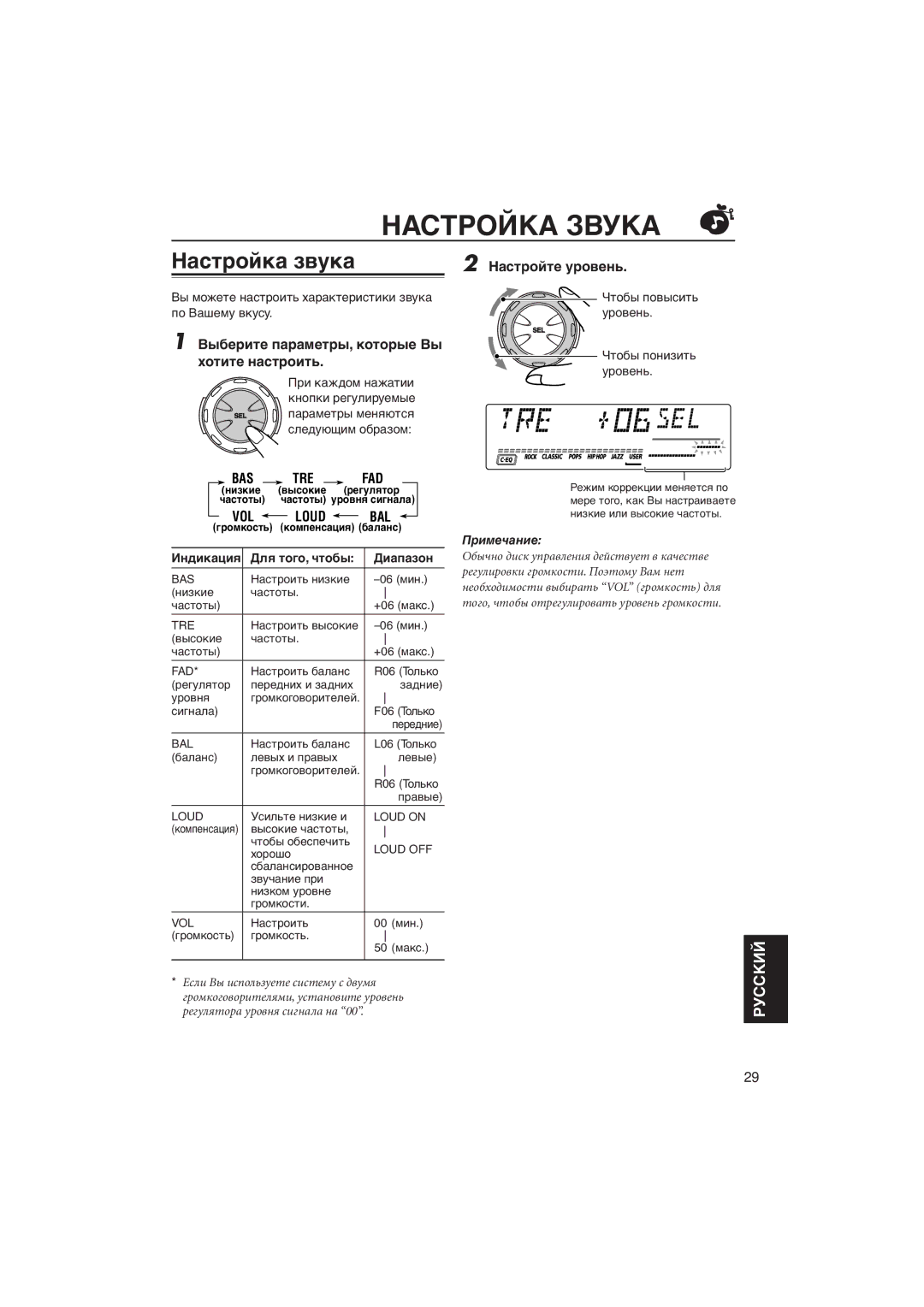 JVC KD-LH5R manual Настройка Звука, Нàñòðîéêà çâóêà, Нàñòðîéòå óðîâåíü, Вûáåðèòå ïàðàìåòðû, êîòîðûå Вû õîòèòå íàñòðîèòü 