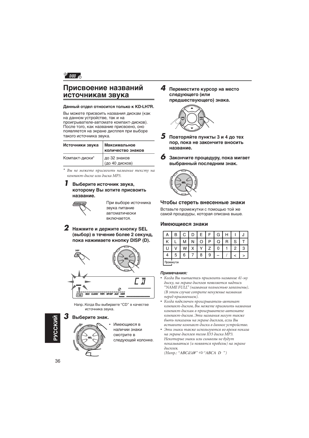 JVC KD-LH5R manual Пðèñâîåíèå íàçâàíèé èñòî÷íèêàì çâóêà, Чòîáû ñòåðåòü âíåñåííûå çíàêè, Иìåþùèåñя çíàêè, Вûáåðèòå çíàê 