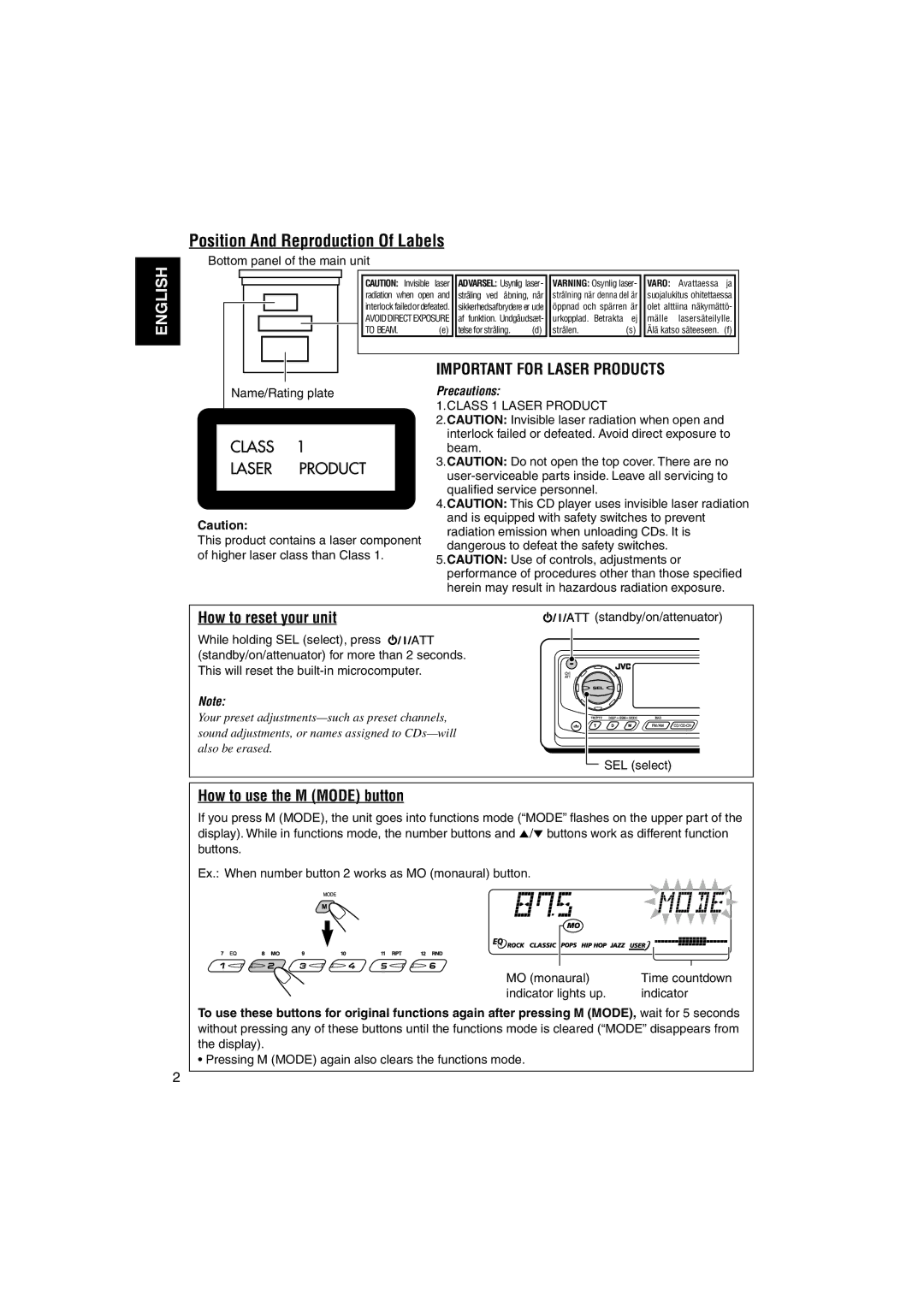 JVC KD-LH70R manual Position And Reproduction Of Labels, How to reset your unit, How to use the M Mode button 