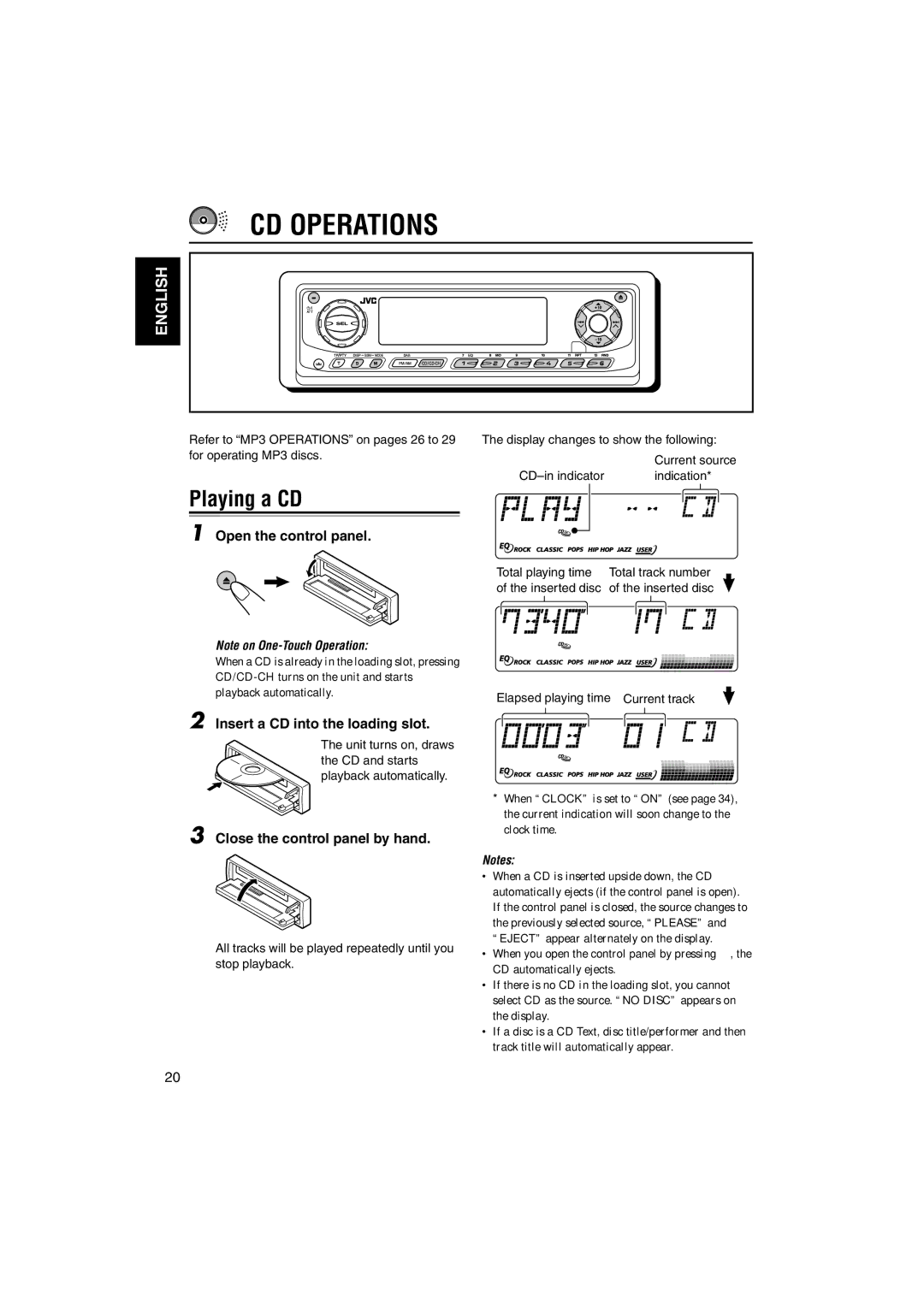 JVC KD-LH70R manual CD Operations, Playing a CD, Open the control panel, Insert a CD into the loading slot 