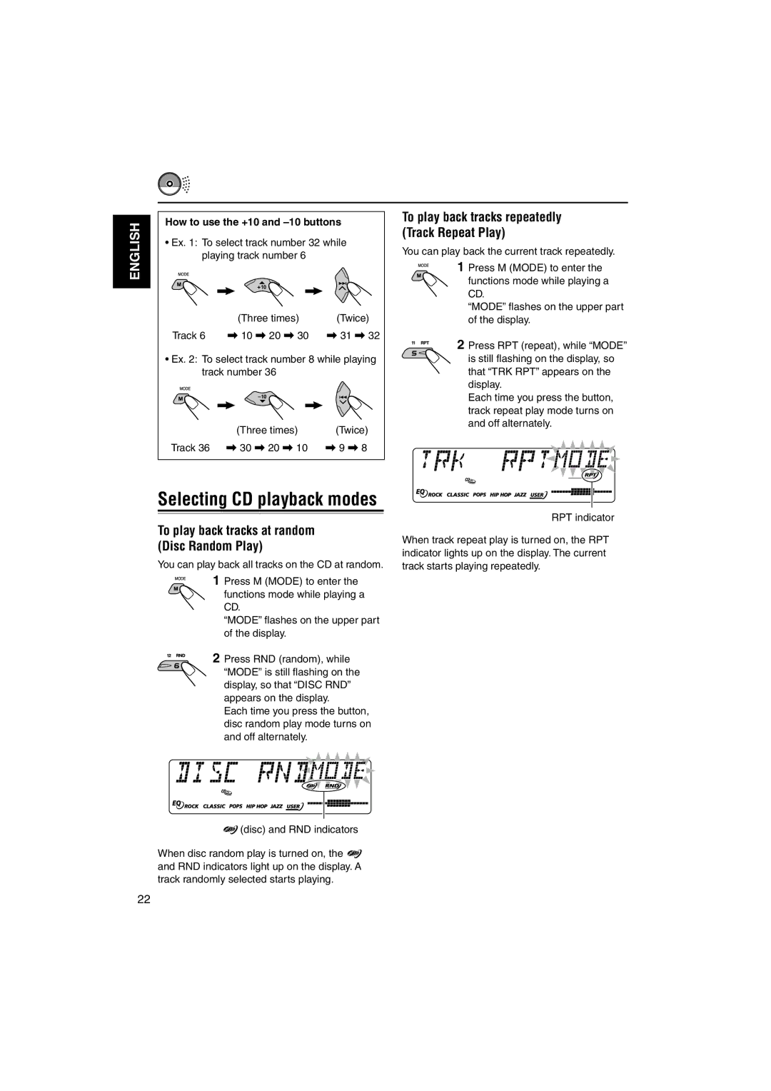 JVC KD-LH70R manual To play back tracks at random Disc Random Play, How to use the +10 and -10 buttons 