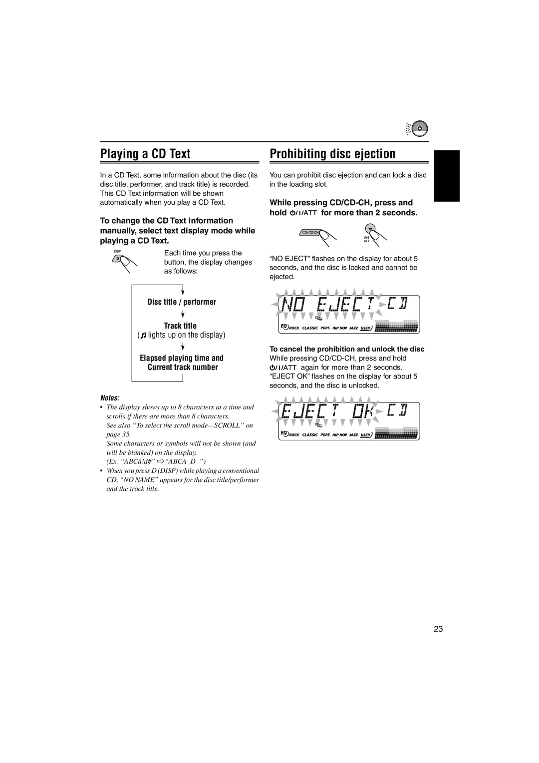 JVC KD-LH70R Playing a CD Text Prohibiting disc ejection, While pressing CD/CD-CH, press Hold for more than 2 seconds 