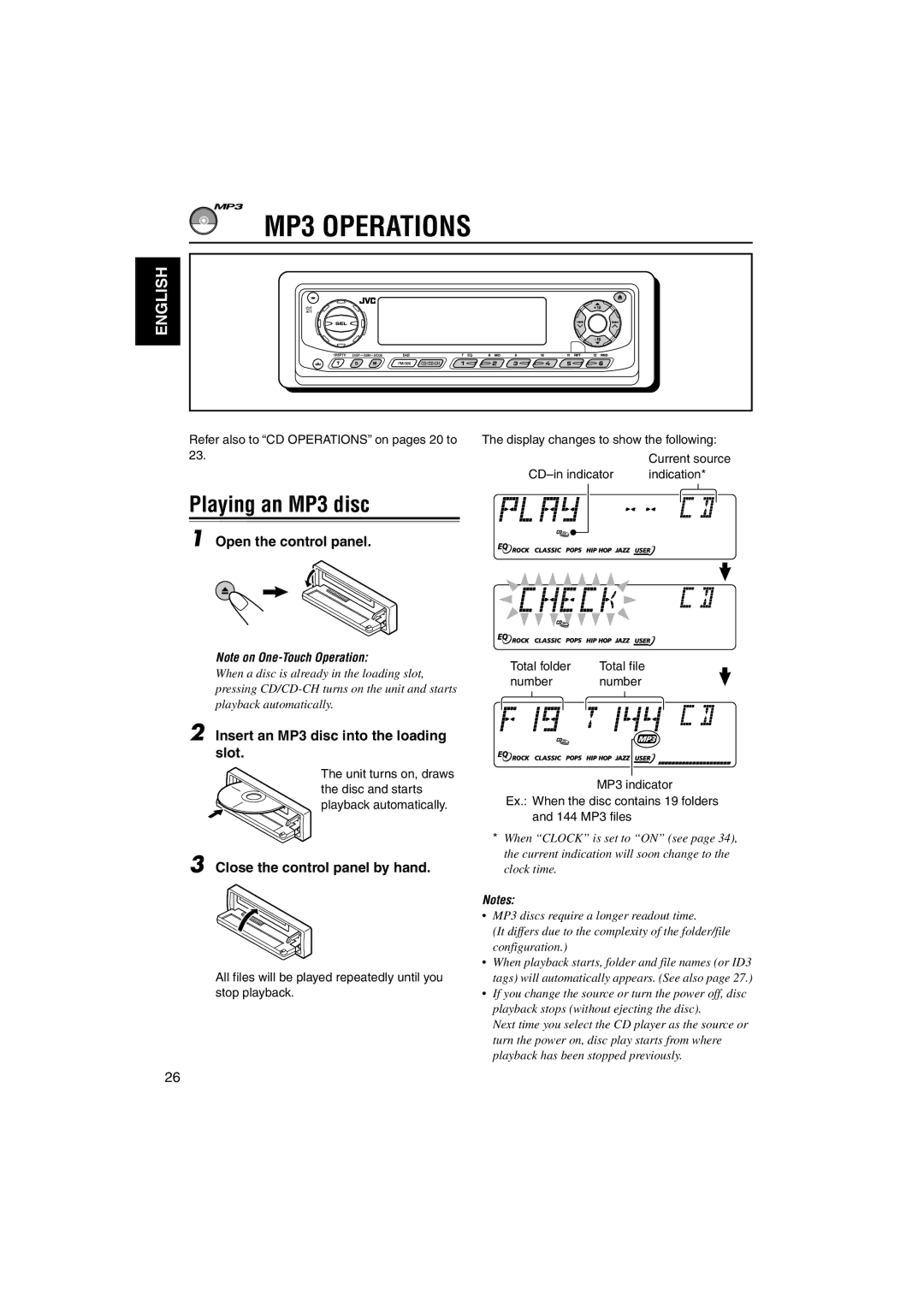 JVC KD-LH70R manual MP3 Operations, Playing an MP3 disc, Insert an MP3 disc into the loading slot 