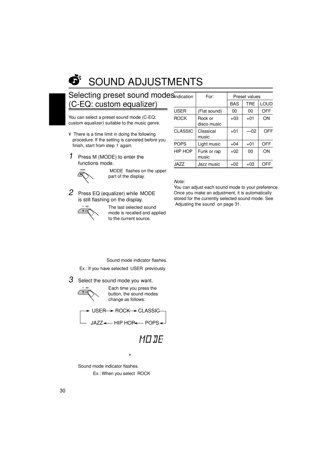 JVC KD-LH70R manual Sound Adjustments, Selecting preset sound modes C-EQ custom equalizer, Select the sound mode you want 