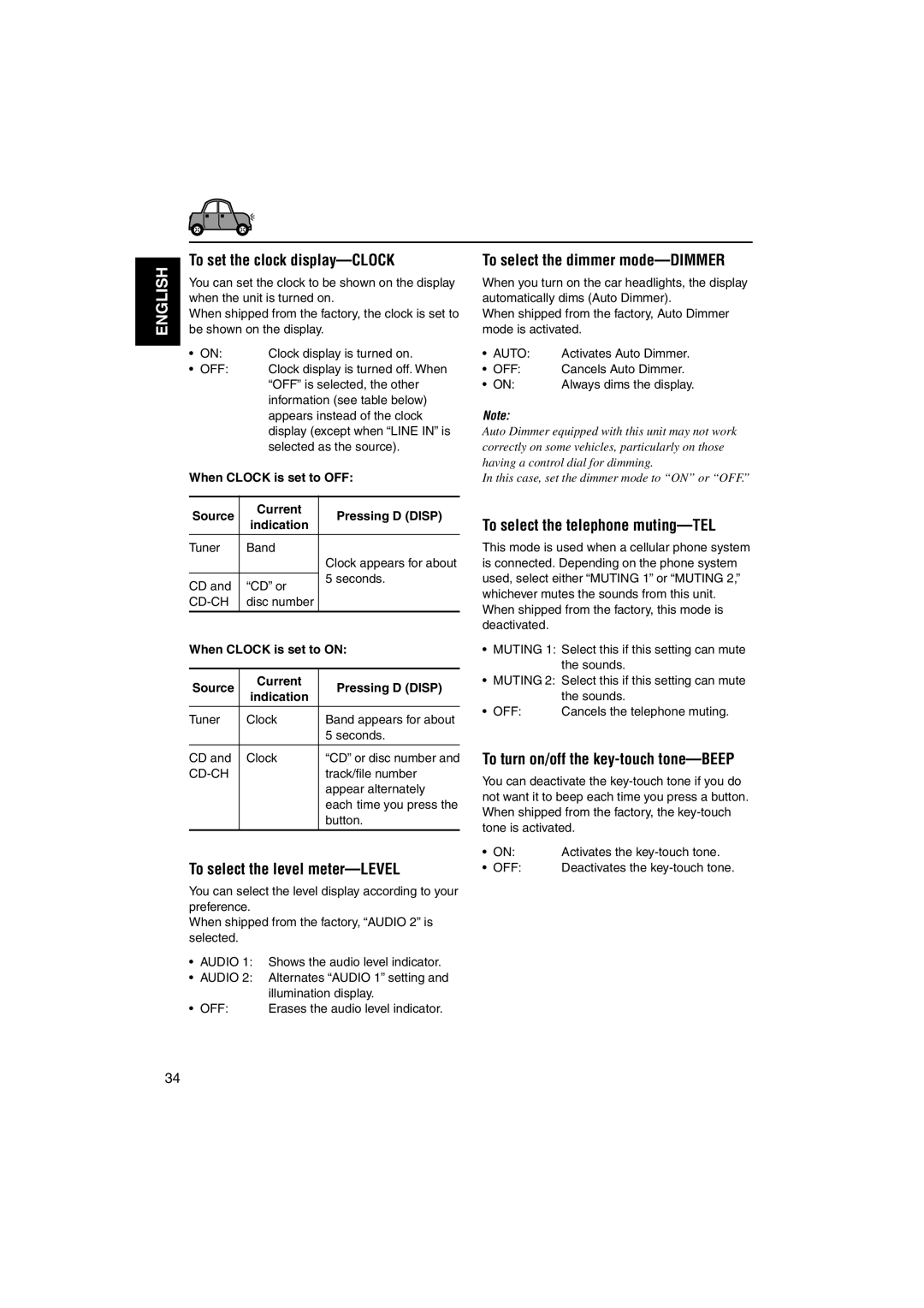 JVC KD-LH70R manual To set the clock display-CLOCK, To select the level meter-LEVEL, To select the dimmer mode-DIMMER 