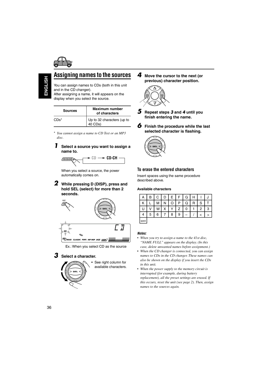 JVC KD-LH70R To erase the entered characters, Select a source you want to assign a name to CD CD-CH, Select a character 