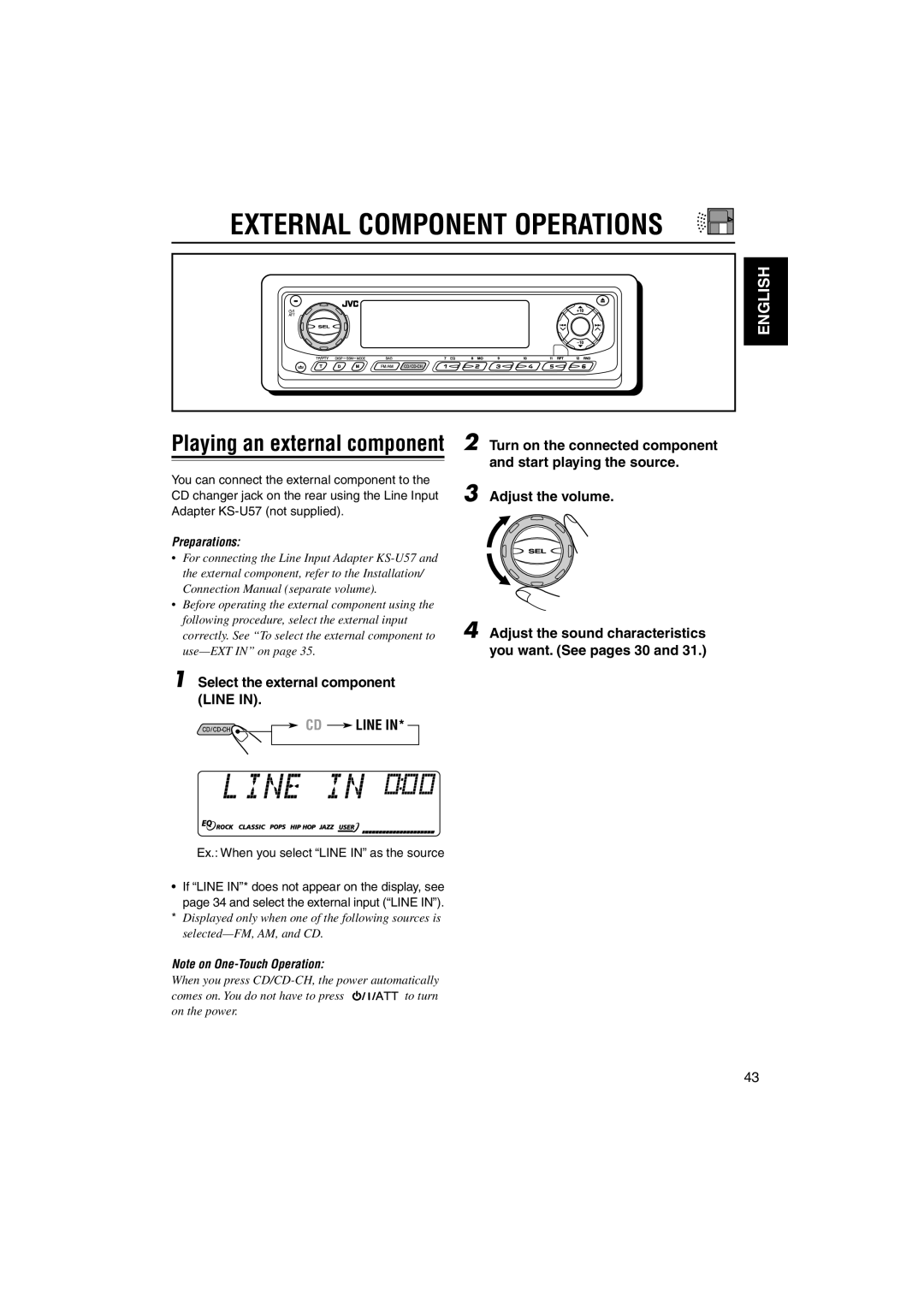 JVC KD-LH70R manual External Component Operations, Select the external component Line, CD Line 