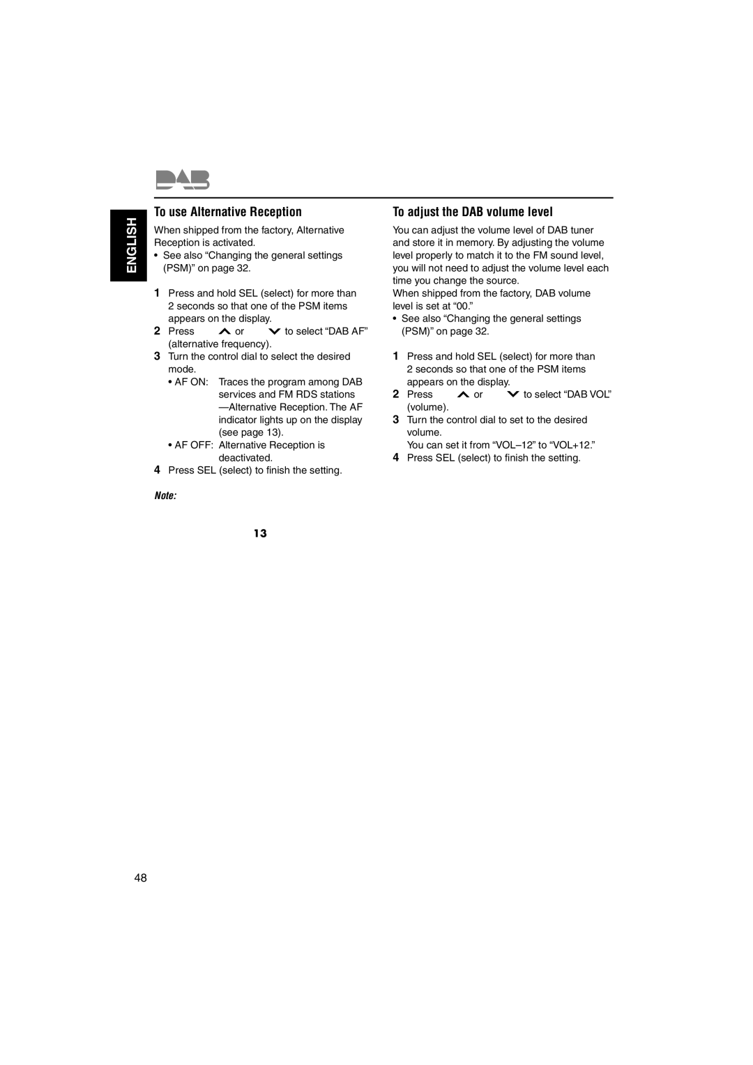 JVC KD-LH70R manual To use Alternative Reception, To adjust the DAB volume level 