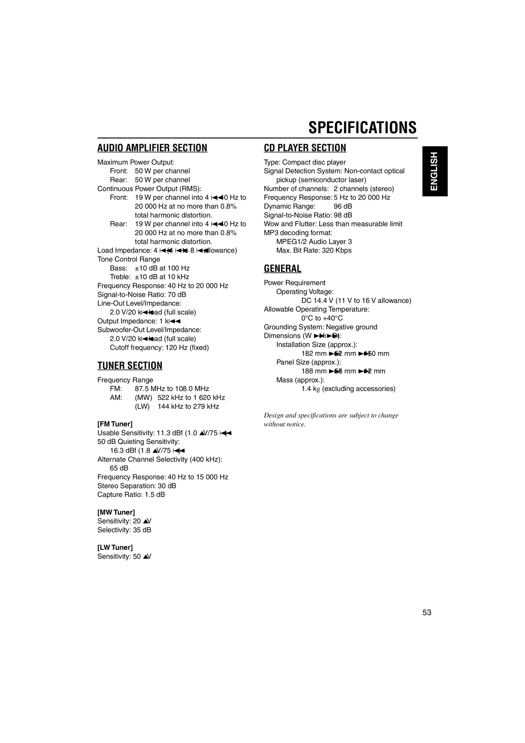 JVC KD-LH70R manual Specifications, FM Tuner, MW Tuner, LW Tuner 