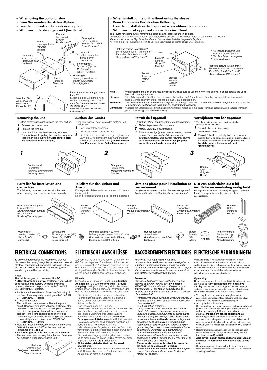 JVC KD-LH70R manual Hinweis, Remarque, CR2025, Be sure to ground this unit to the car’s chassis, Opmerking 