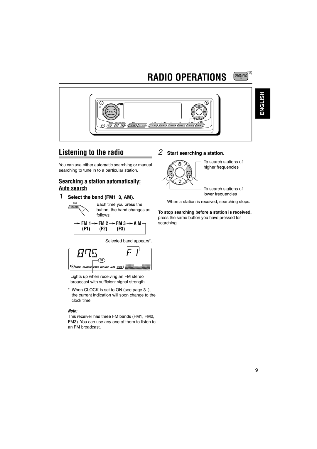 JVC KD-LH70R manual Radio Operations, Listening to the radio, Searching a station automatically Auto search 