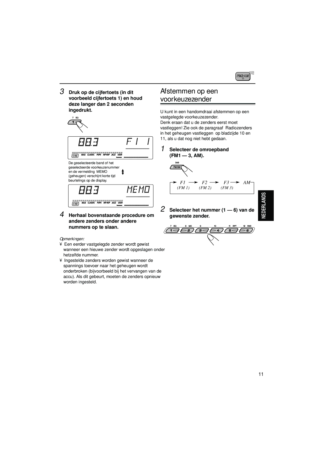 JVC KD-LH5R, KD-LH7R manual Afstemmen op een voorkeuzezender, Opmerkingen 