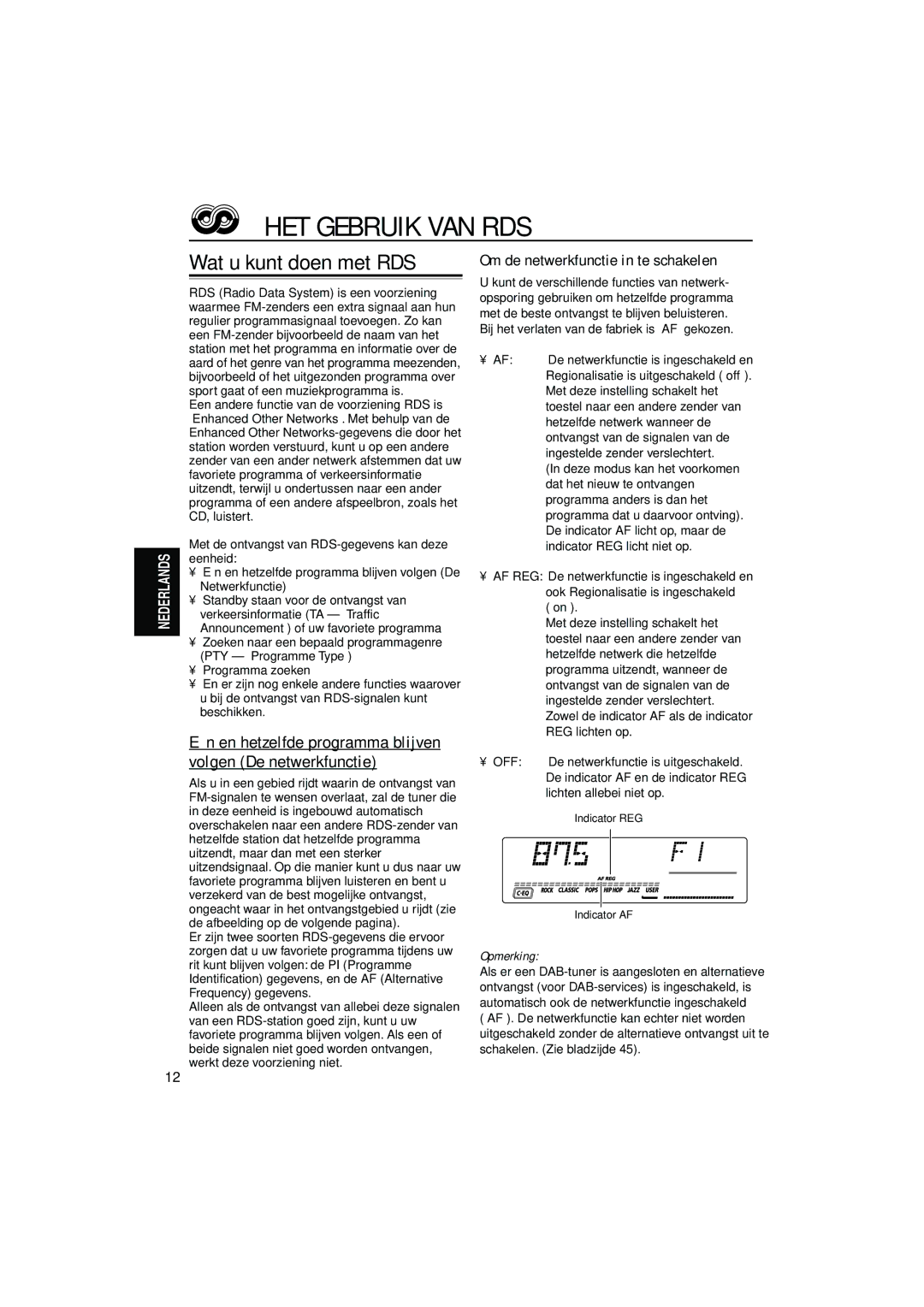 JVC KD-LH7R HET Gebruik VAN RDS, Wat u kunt doen met RDS, Eén en hetzelfde programma blijven volgen De netwerkfunctie 