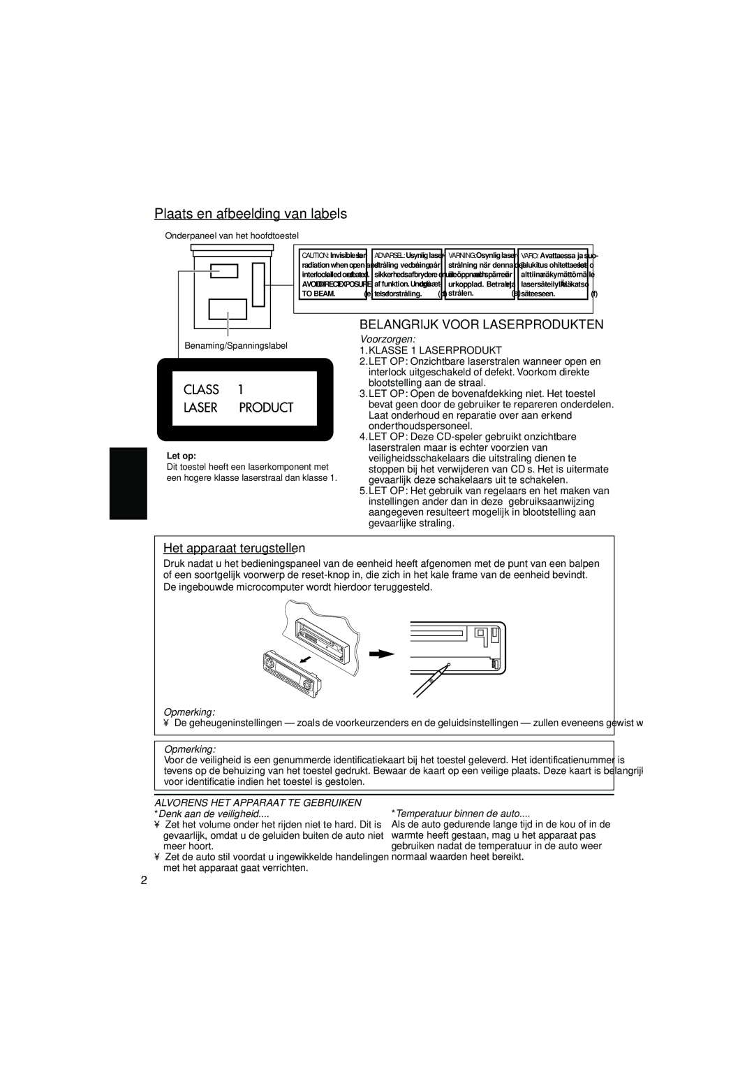 JVC KD-LH7R, KD-LH5R manual Plaats en afbeelding van labels, Het apparaat terugstellen, Voorzorgen 