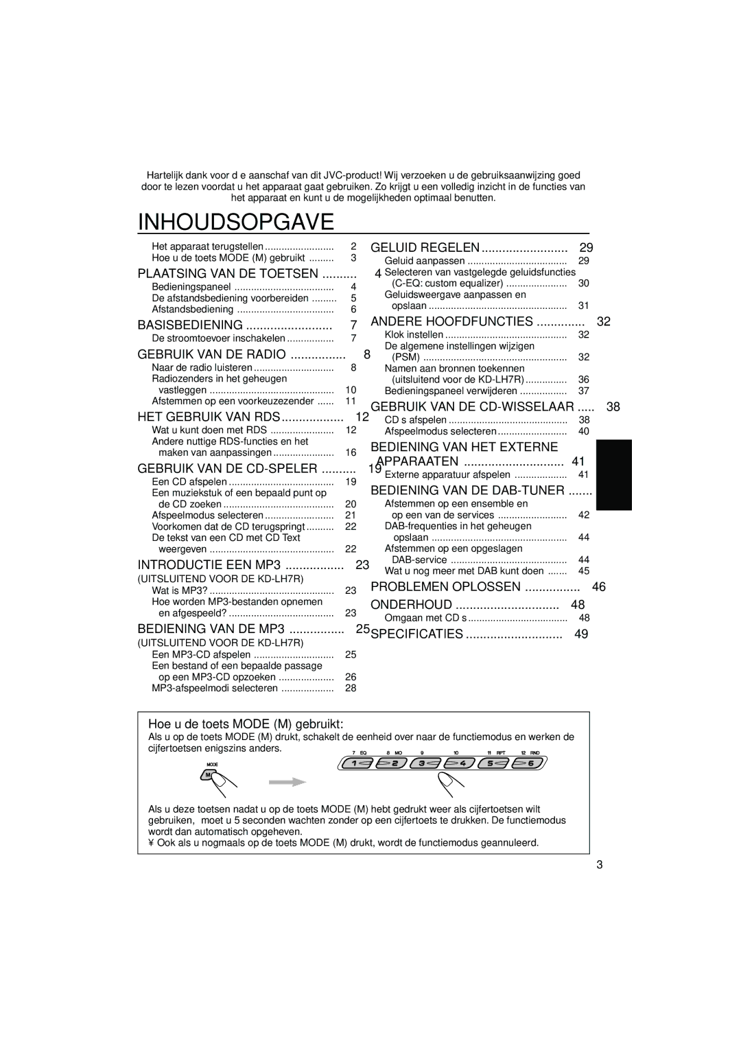 JVC KD-LH5R, KD-LH7R manual Inhoudsopgave, Basisbediening, Introductie EEN MP3, Bediening VAN DE MP3 