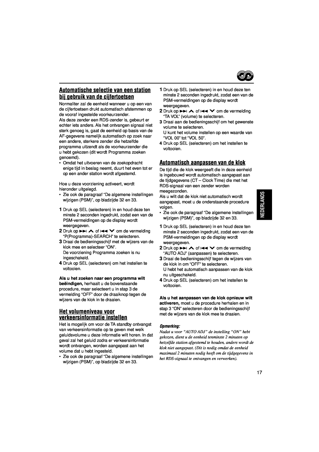 JVC KD-LH5R, KD-LH7R manual Automatisch aanpassen van de klok, Als u het zoeken naar een programma wilt, Opmerking 