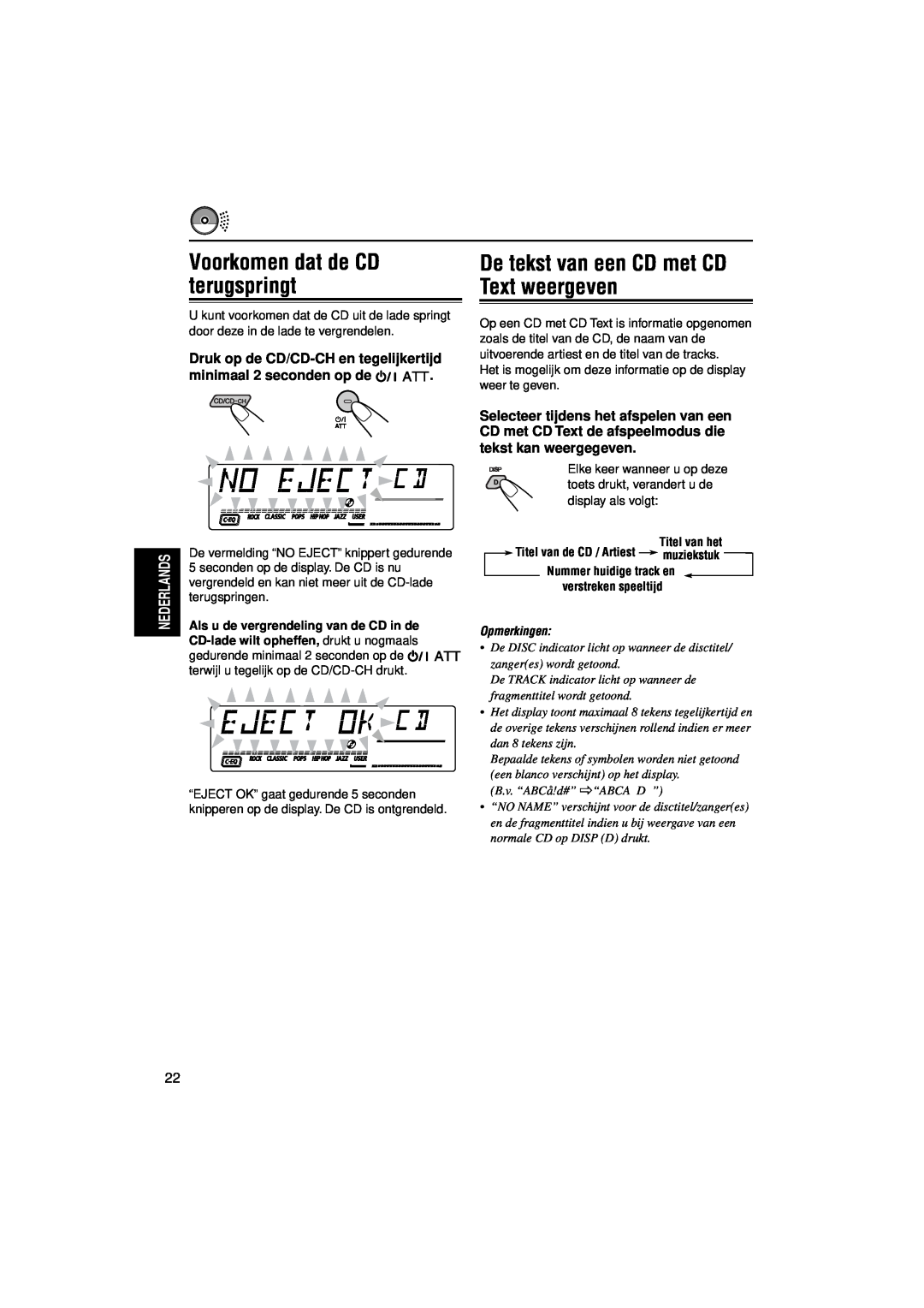 JVC KD-LH7R manual Voorkomen dat de CD terugspringt, De tekst van een CD met CD Text weergeven, minimaal 2 seconden op de 