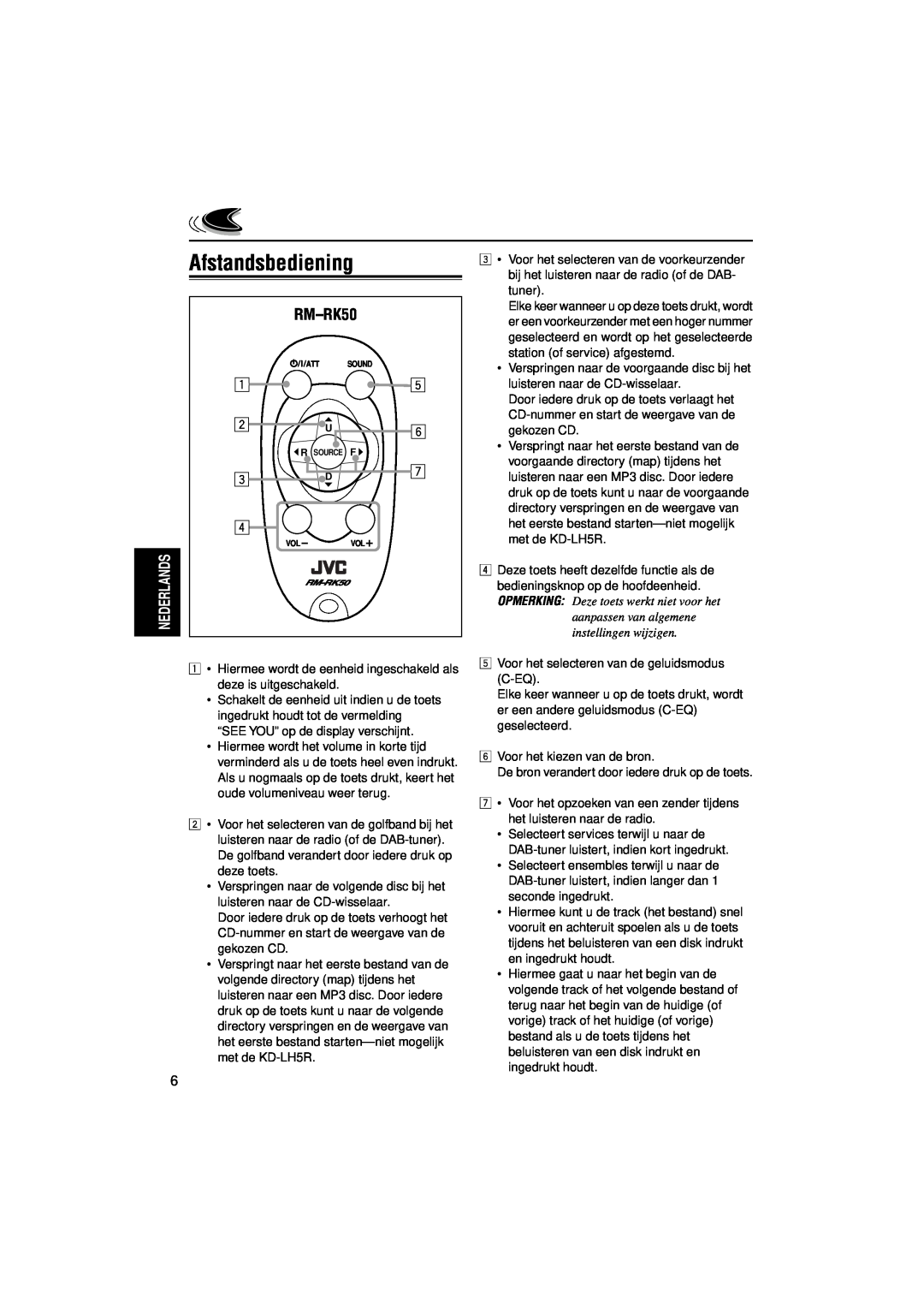 JVC KD-LH7R, KD-LH5R manual Afstandsbediening, RM-RK50 