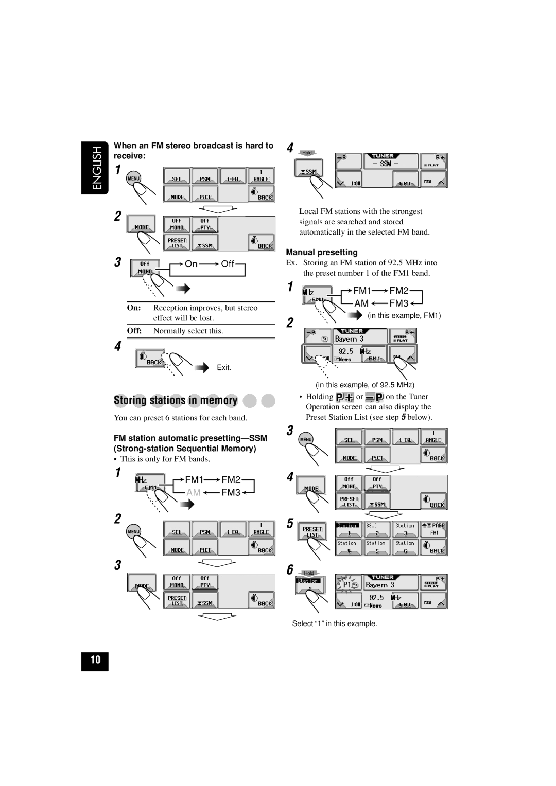 JVC KD-LHX502, KD-LHX501 Storing stations in memory, When an FM stereo broadcast is hard to receive, Manual presetting 