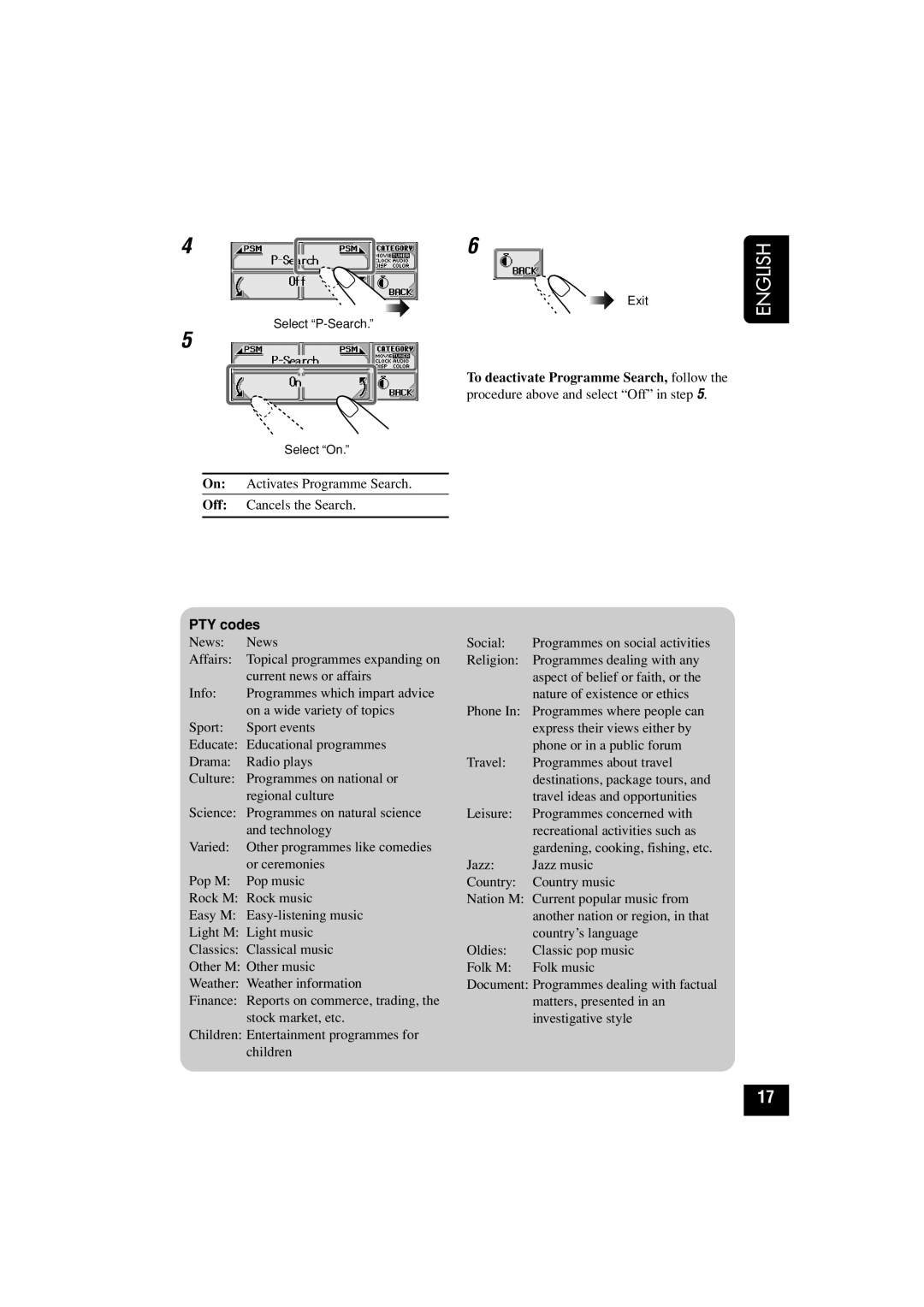 JVC KD-LHX501, KD-LHX502 manual To deactivate Programme Search, follow, PTY codes 