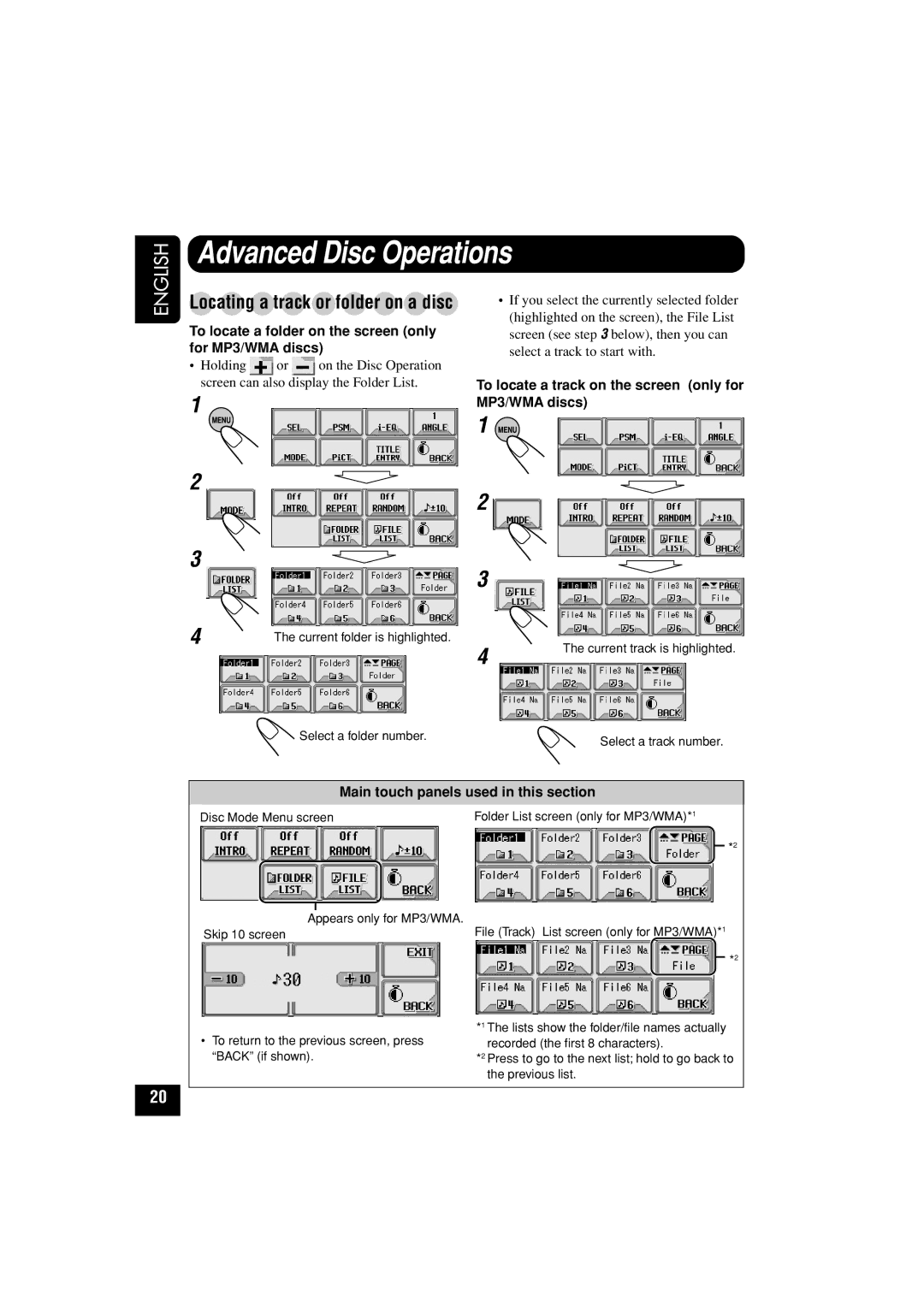 JVC KD-LHX502, KD-LHX501 manual Advanced Disc Operations, To locate a folder on the screen only for MP3/WMA discs 