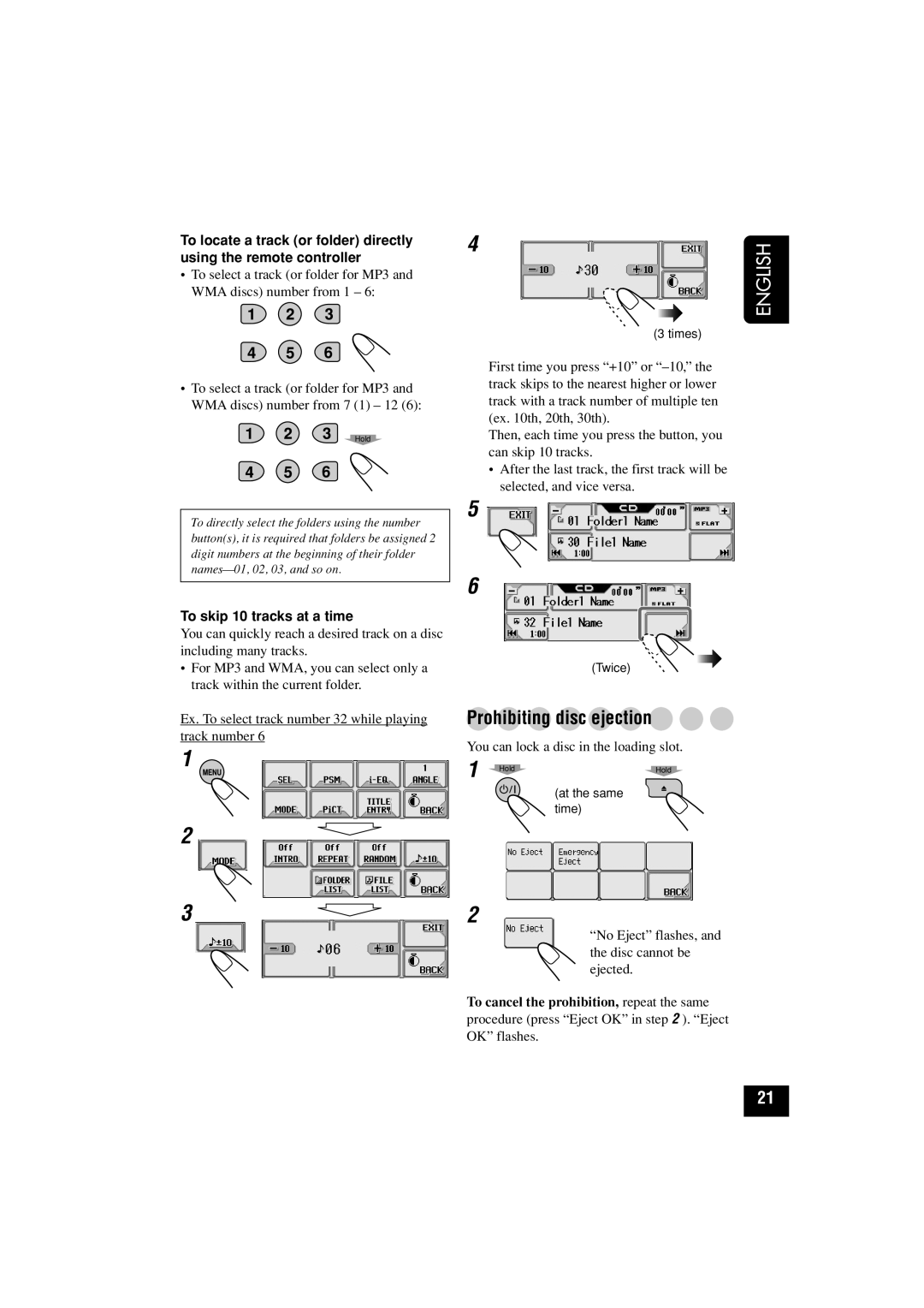 JVC KD-LHX501, KD-LHX502 manual Prohibiting disc ejection, To skip 10 tracks at a time 