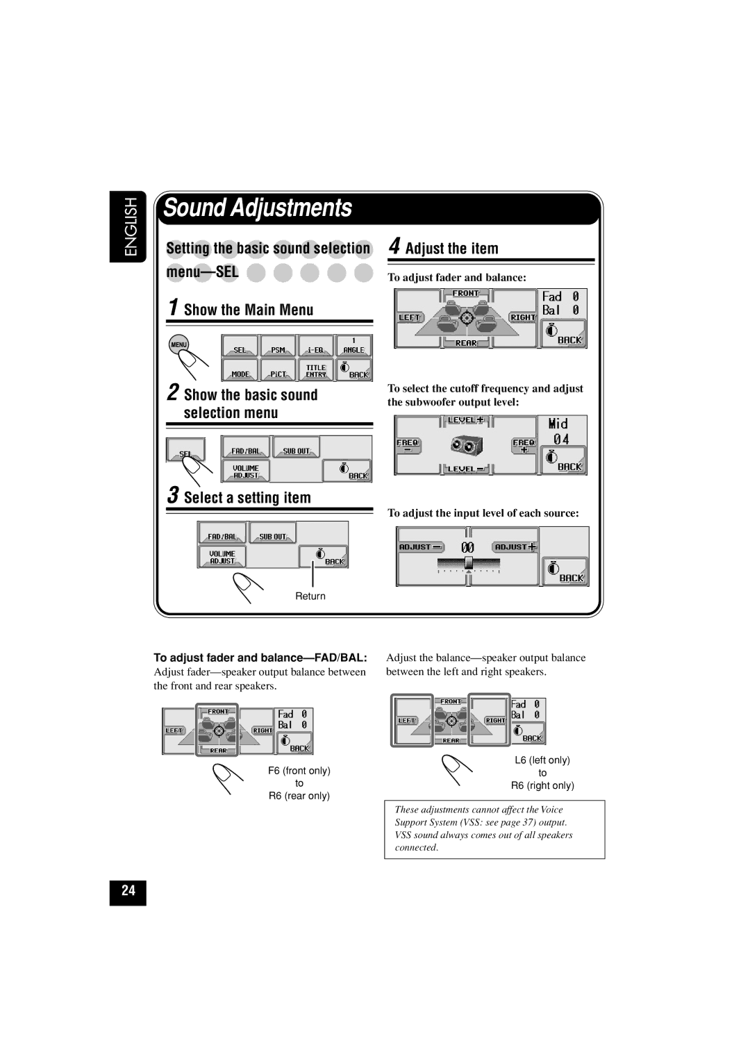 JVC KD-LHX502 Menu-SEL Show the Main Menu, Select a setting item Adjust the item, To adjust fader and balance-FAD/BAL 