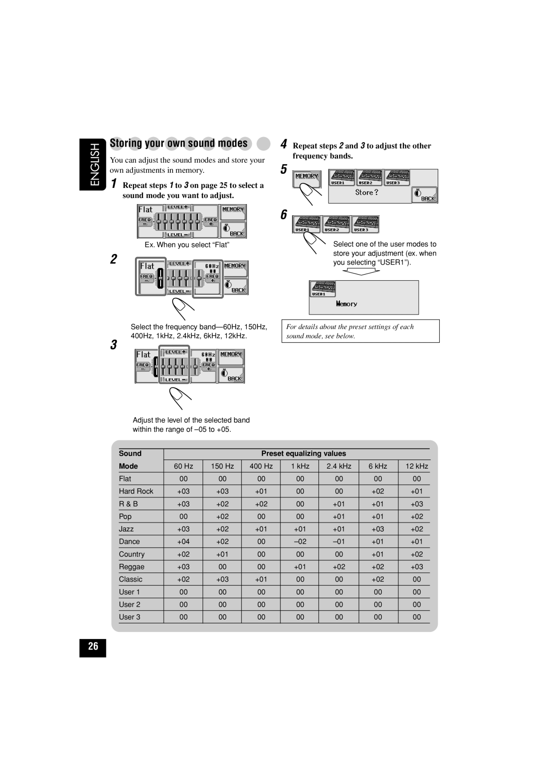 JVC KD-LHX502, KD-LHX501 manual Storing your own sound modes, Repeat steps 2 and 3 to adjust the other frequency bands 