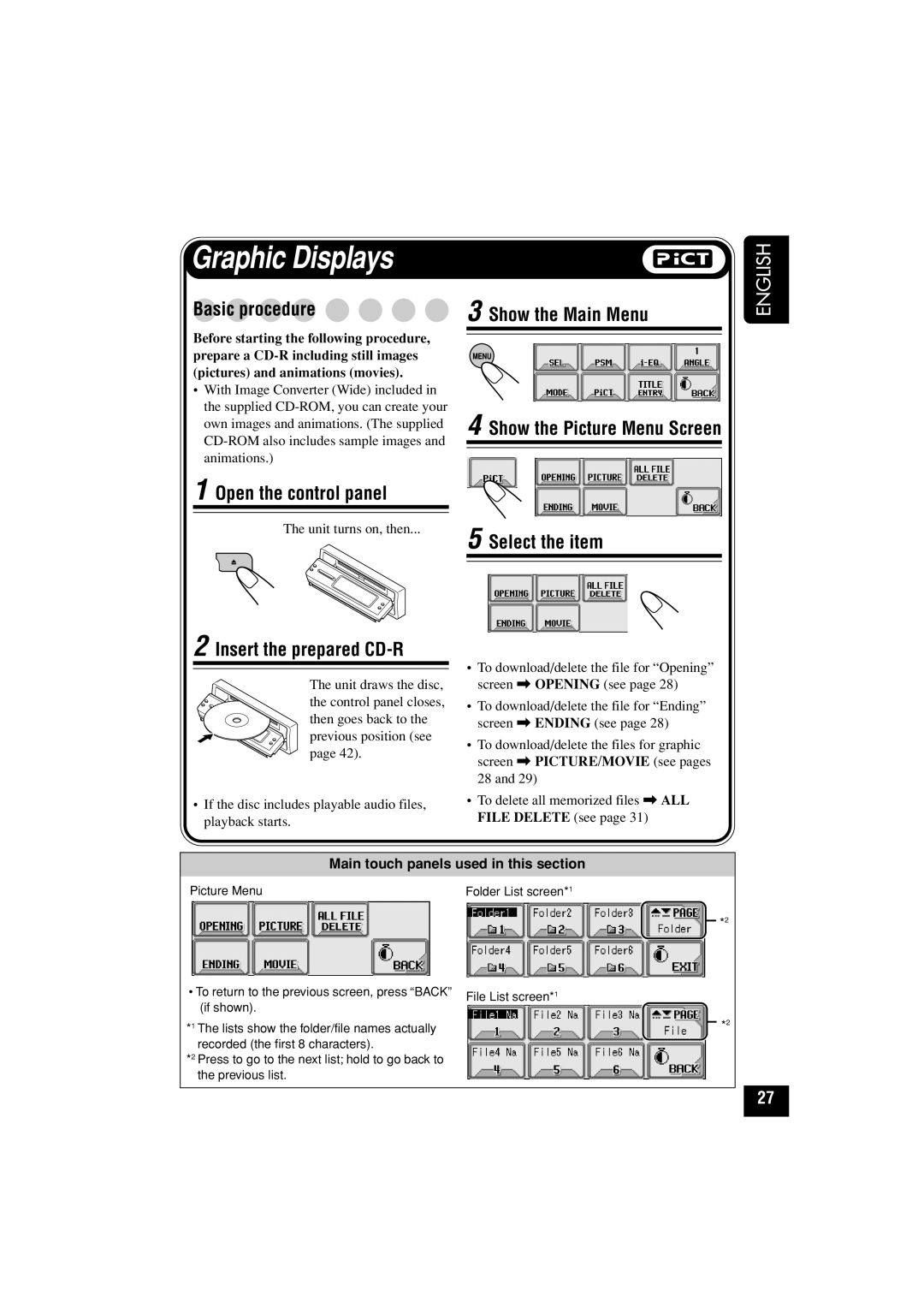 JVC KD-LHX501, KD-LHX502 manual Graphic Displays, Basic procedure, Insert the prepared CD-R, Select the item 