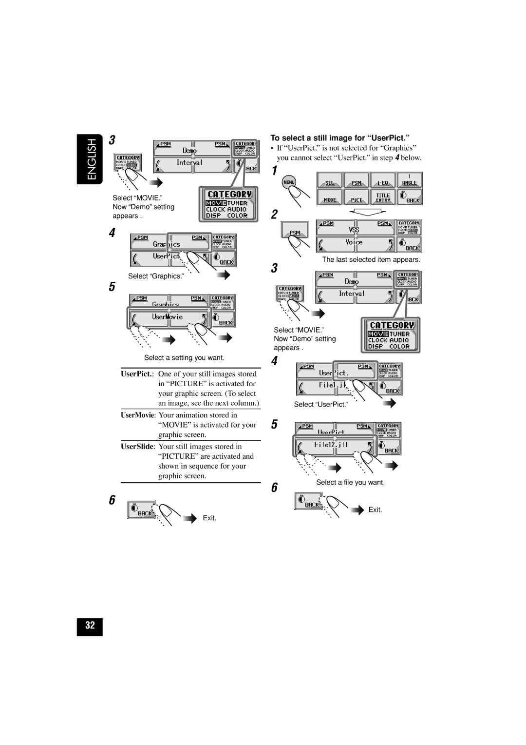 JVC KD-LHX502, KD-LHX501 manual To select a still image for UserPict 