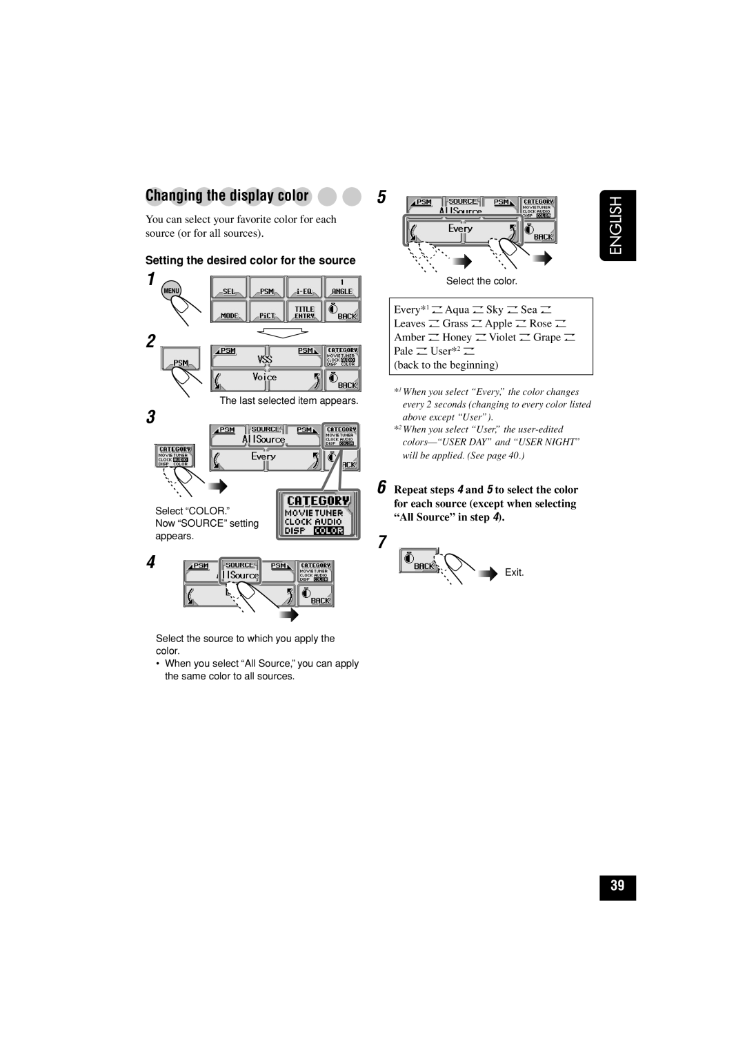 JVC KD-LHX501, KD-LHX502 manual Changing the display color, Setting the desired color for the source 