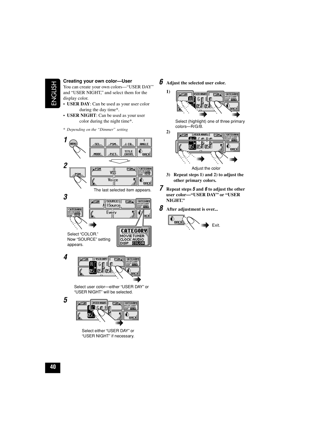 JVC KD-LHX502, KD-LHX501 manual Creating your own color-User, Adjust the selected user color 